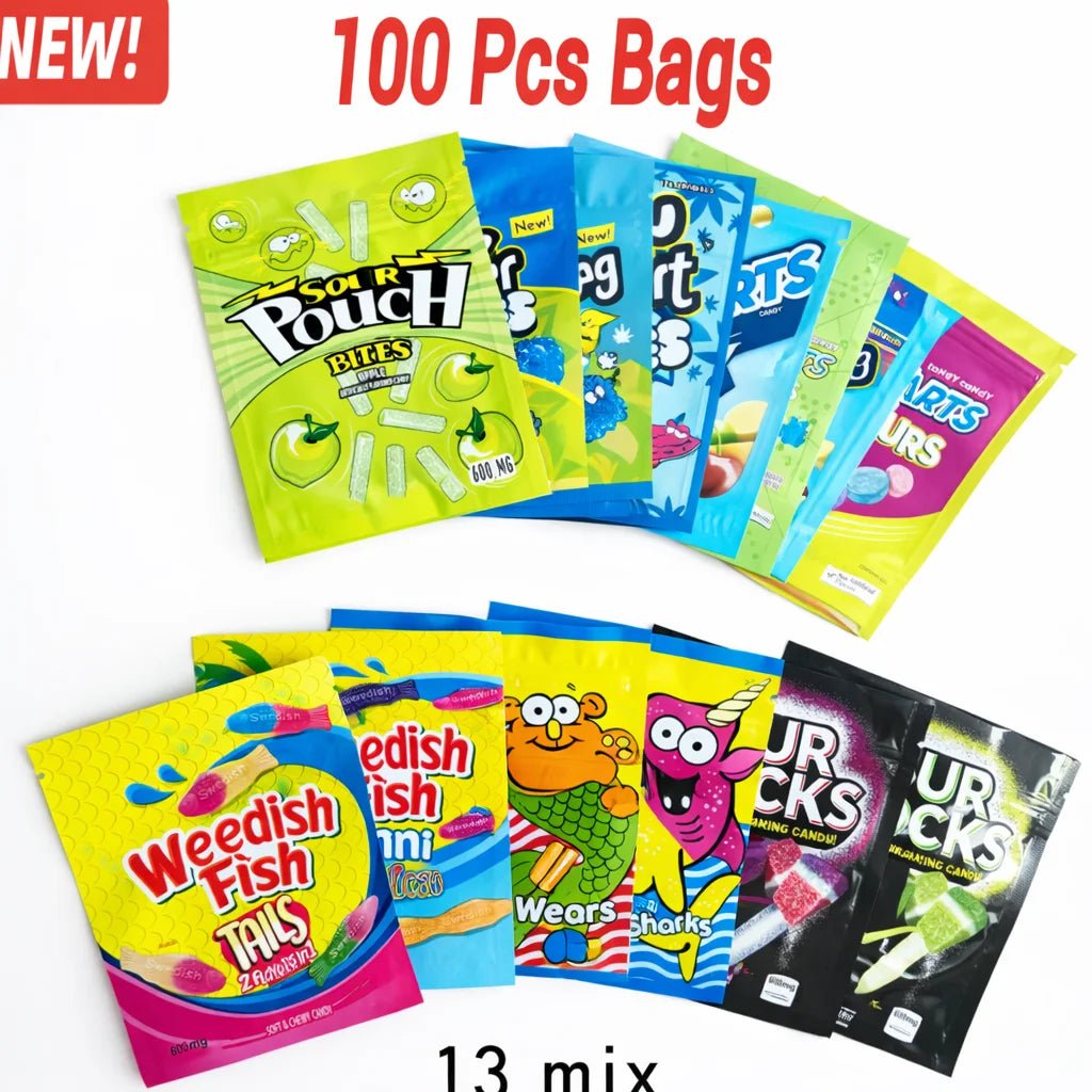 100 Pack 3.5g Mylar Bags 13 Mixed Designs Smell Proof Ziplock Pouches