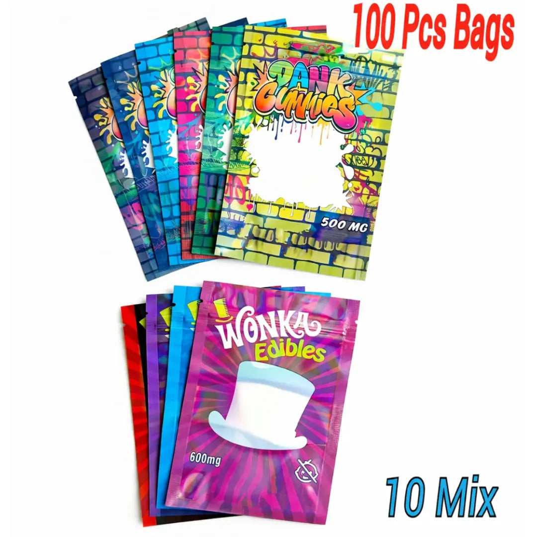 100 Pack 3.5g Mylar Bags with Clear Window 10 Mixed Designs Ziplock Pouches