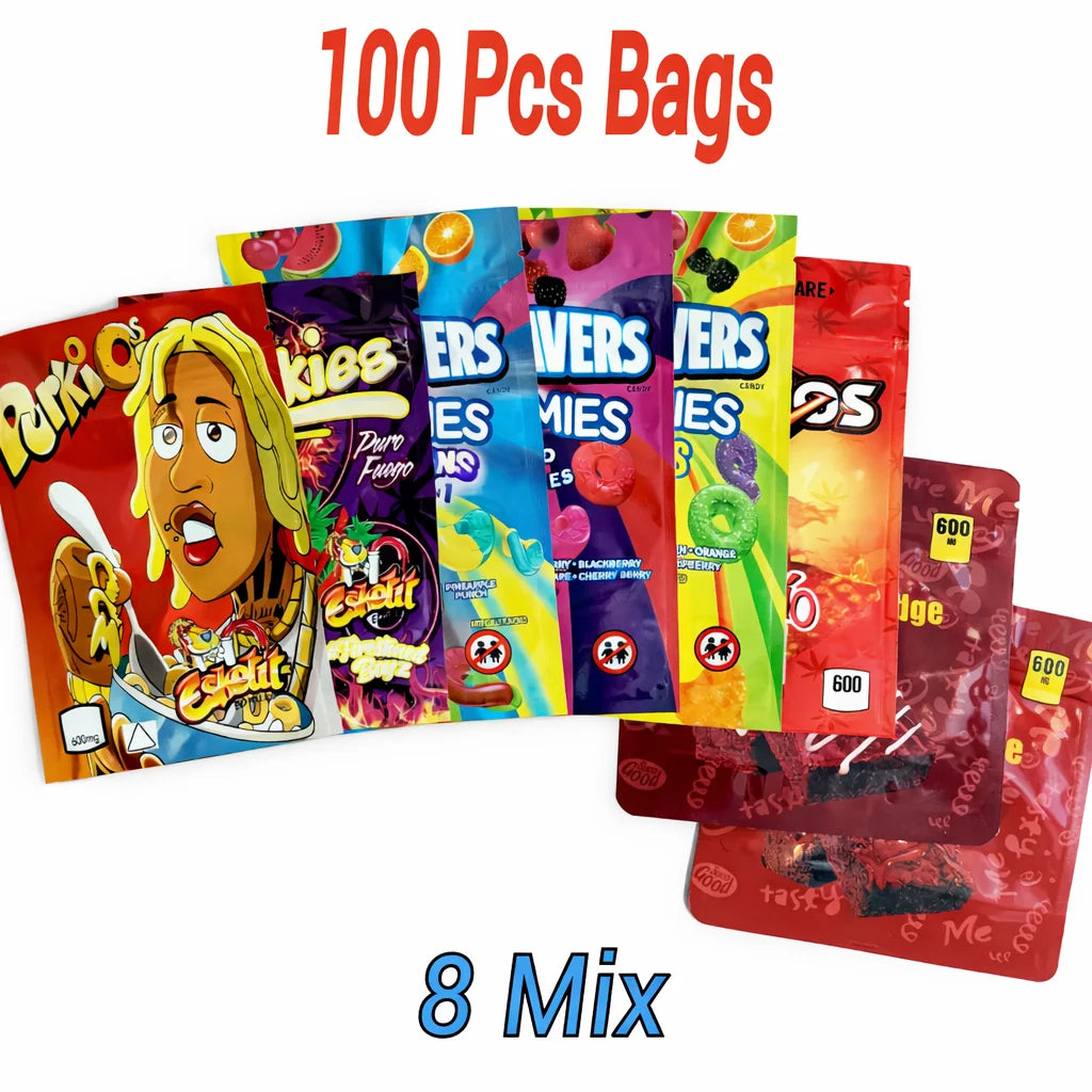 100 Pack 3.5g Mylar Bags 8 Mixed Designs Smell Proof Ziplock Pouches
