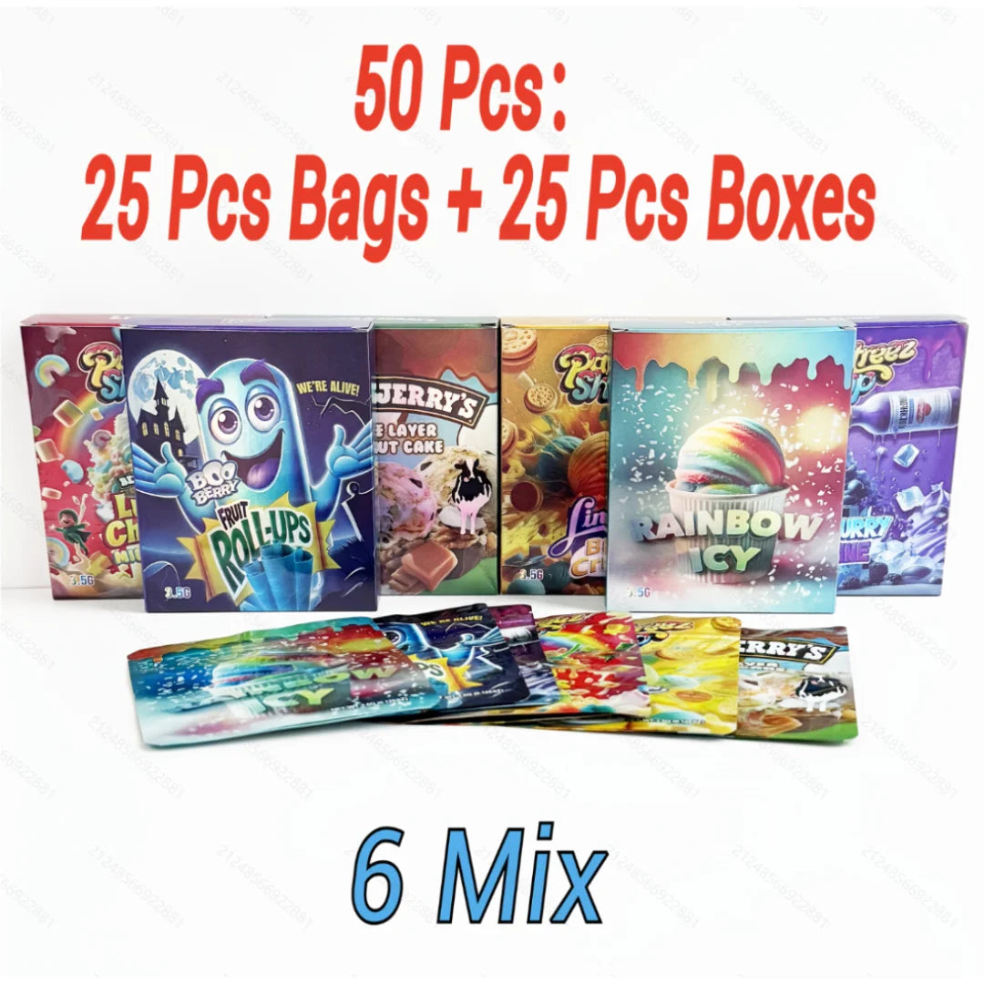 25 Sets 3.5g Mylar Bags with Matching Boxes 6 Designs Mix Smell Proof Resealable Packaging Set for Small Business & Retail Display
