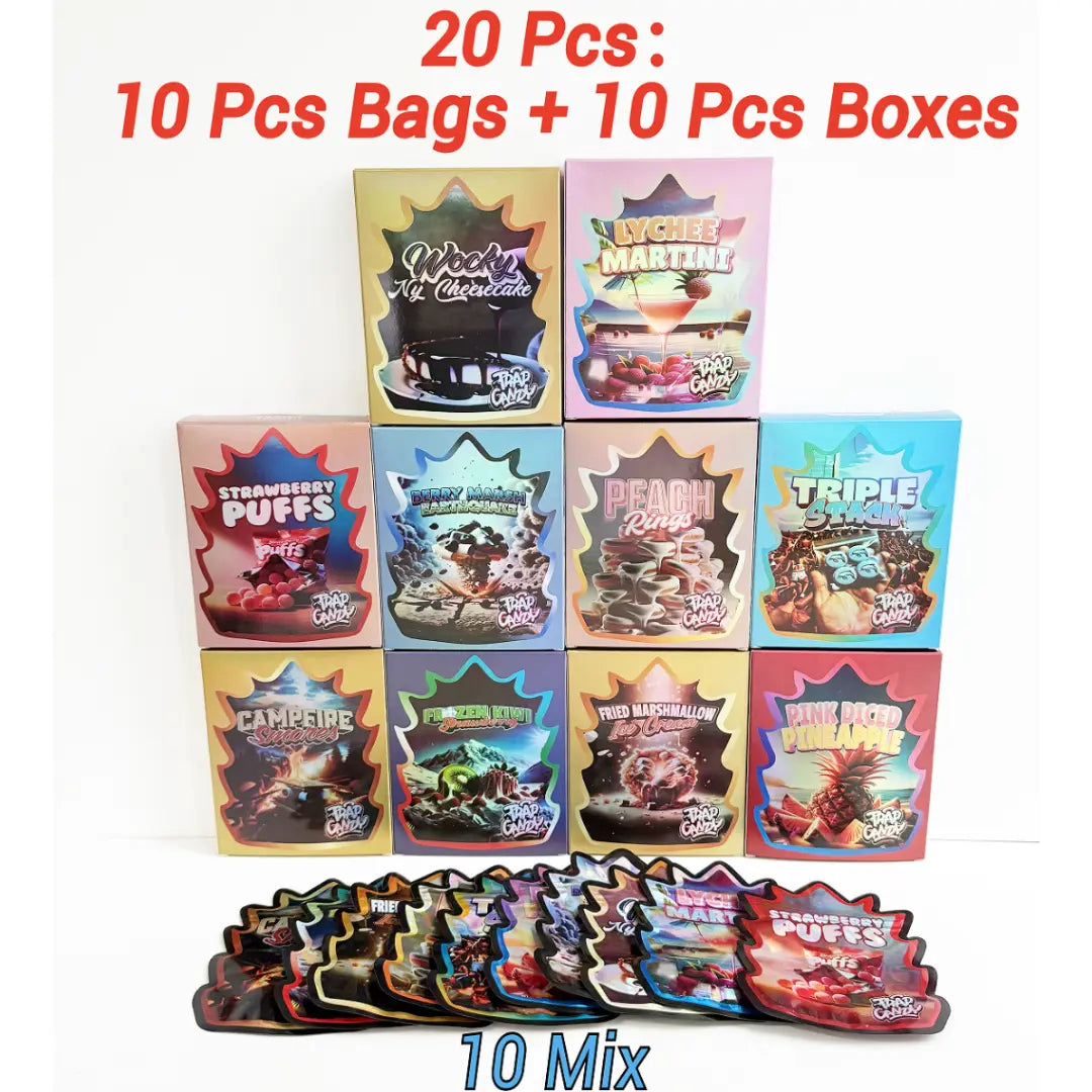 mylar bags and boxes combo set 10 bags 10 boxes assorted designs
