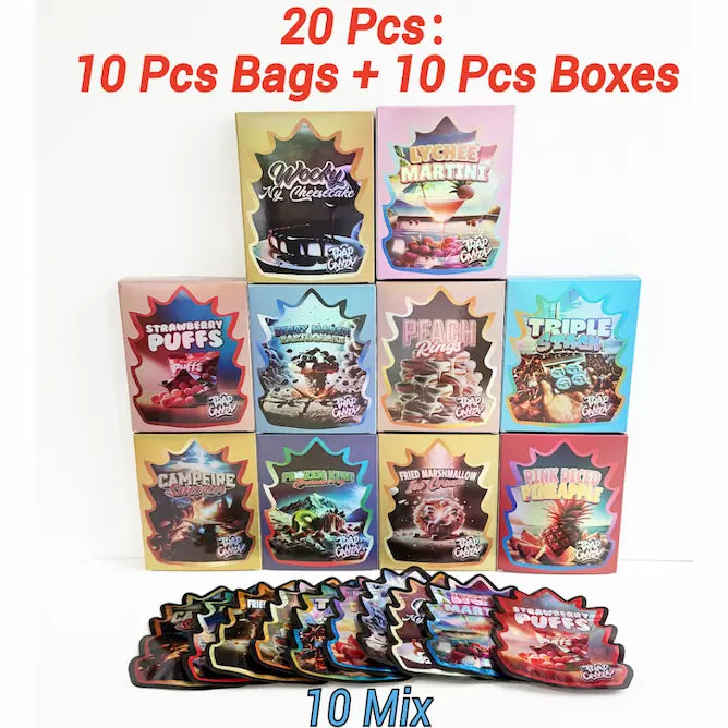20 Pack Mylar Bags and Boxes Combo Set | 10 Bags + 10 Matching Boxes Assorted Designs