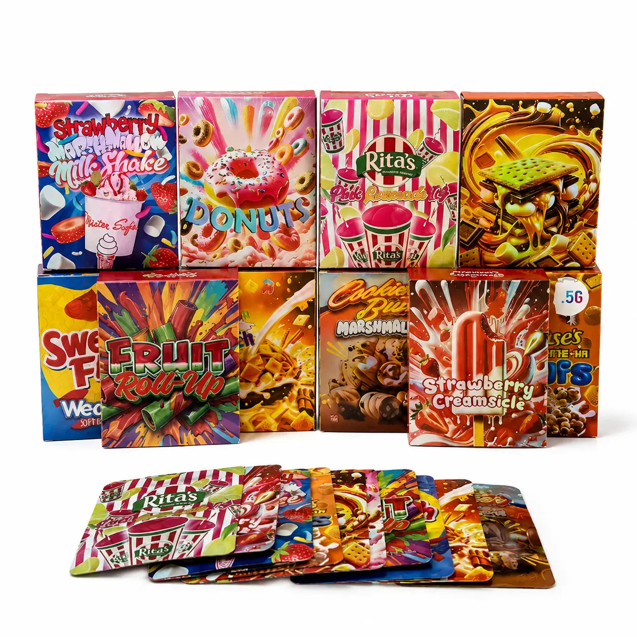 10 Pcs Mylar Bags With Boxes set featuring 10 colorful cartoon designs including Strawberry Marshmallow Milkshake and Donuts 3.5g pouches