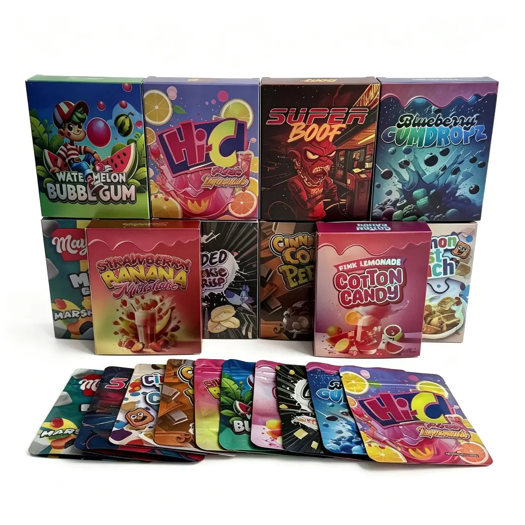 10 Pack Exotic Mylar Bags and Boxes Combo | 3.5g Smell Proof Packaging Set