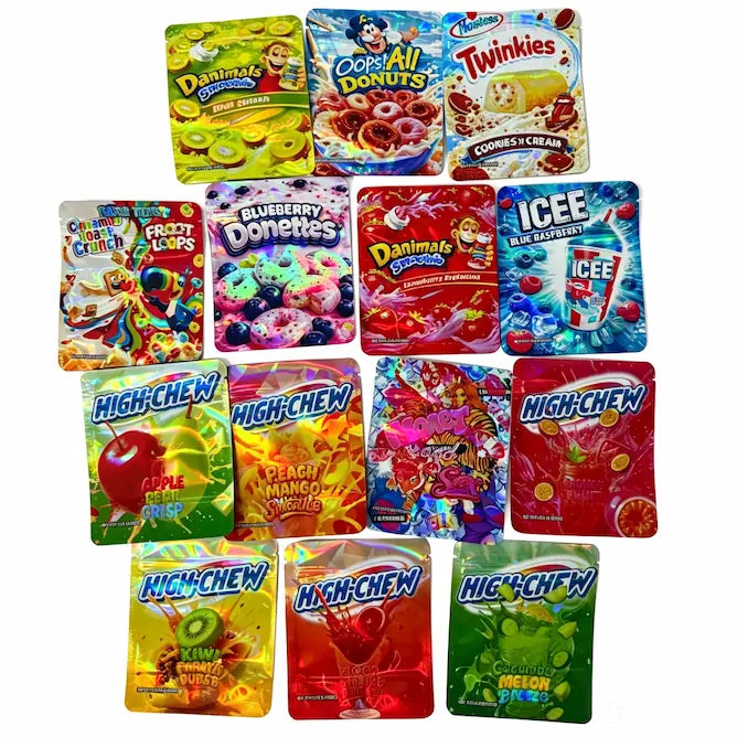 50 Pack 3.5g Exotic Mylar Bags Mix Designs - Holographic Smell Proof Resealable Packaging PouchesMylar Bags