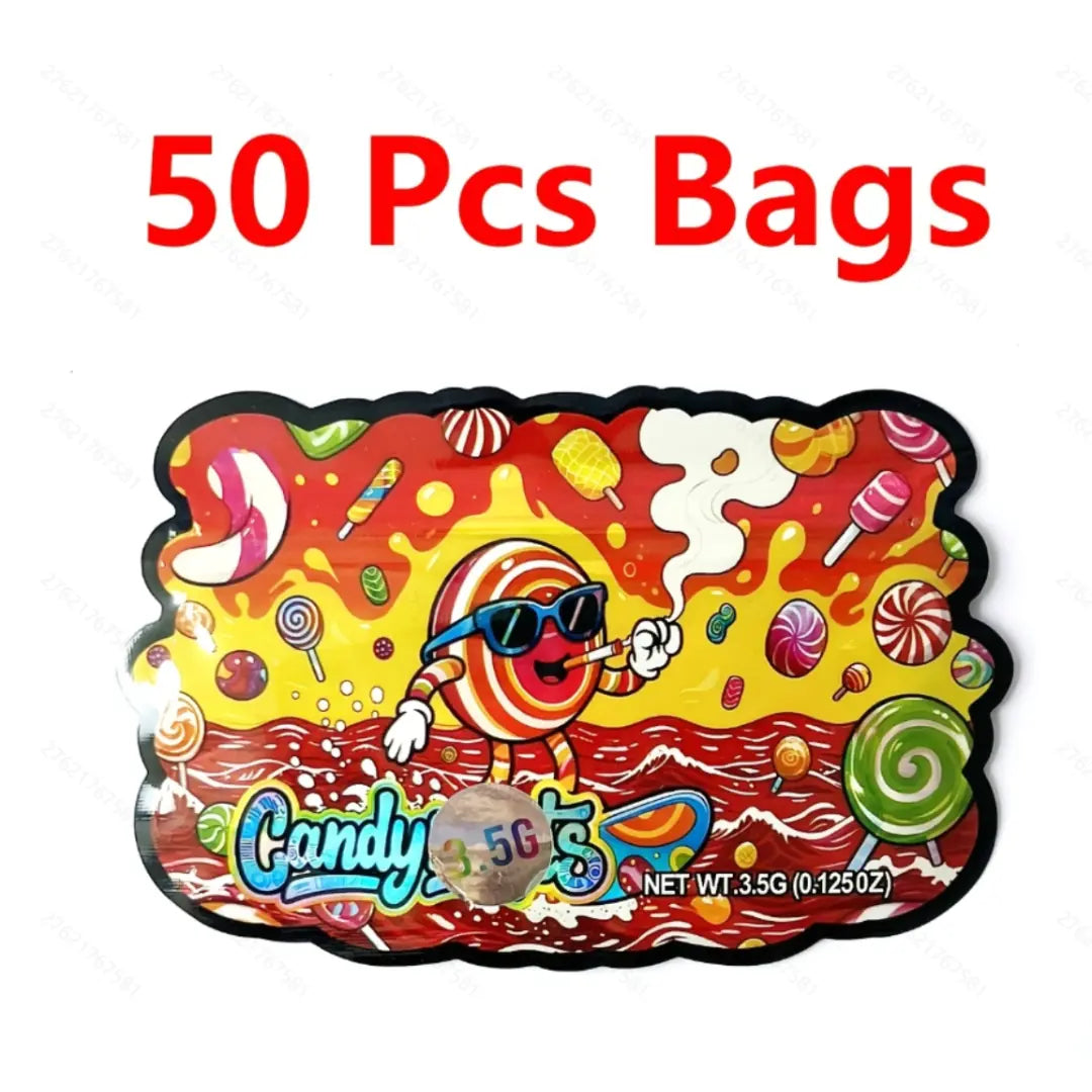 50 pack of 3.5g candy die cut mylar bags in an exotic cartoon shape for smell proof packaging