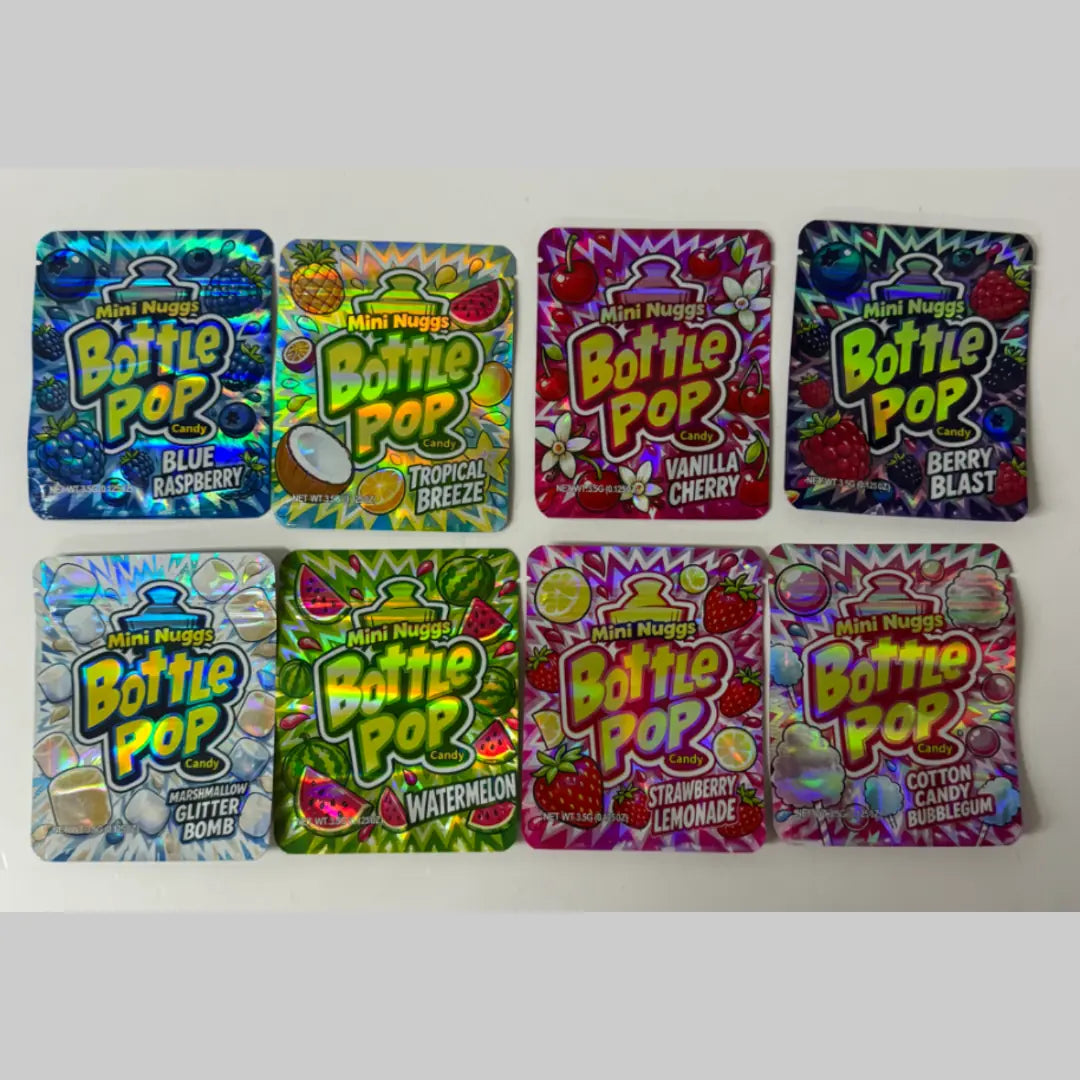 8 flavors of 50 pack Bottle Pop candy theme holographic 3.5g mylar bags with exotic laser reflective design