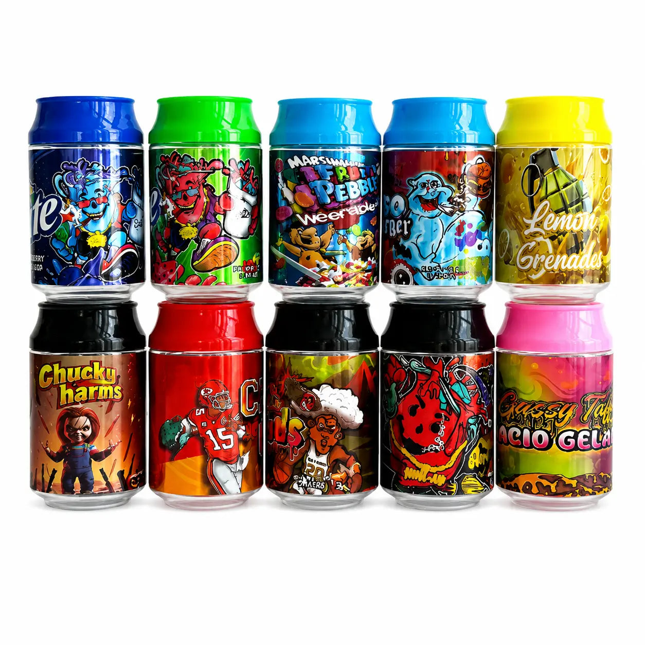 10 Pcs 100ml Soda Can PET Jars | 10 Unique Cartoon, Candy & Fruit Designs Reusable Storage Containers with Screw Lids