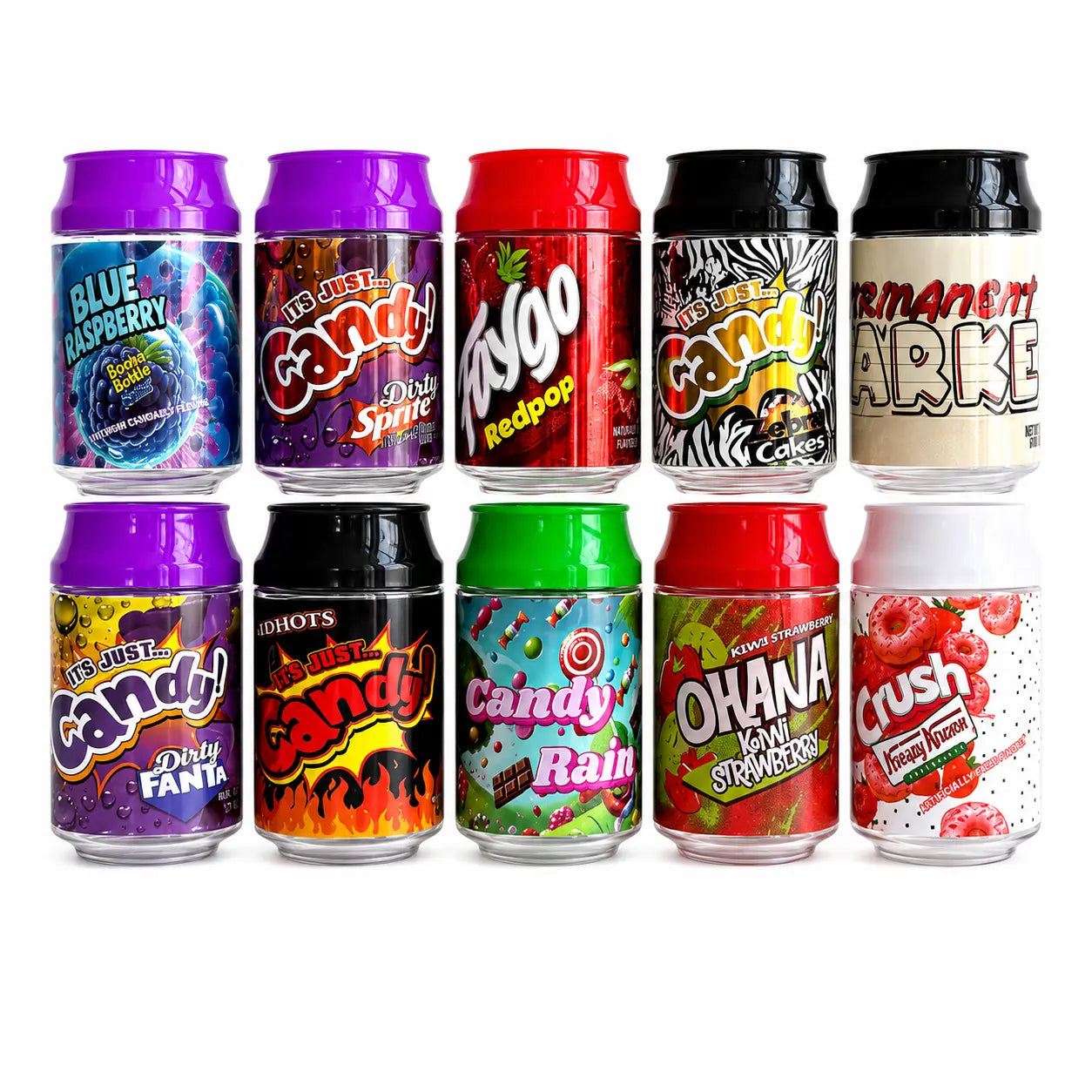 10 Pcs 100ml Soda Can PET Jars | 10 Unique Candy, Fruit & Beverage Designs Reusable Storage Containers with Screw Lids