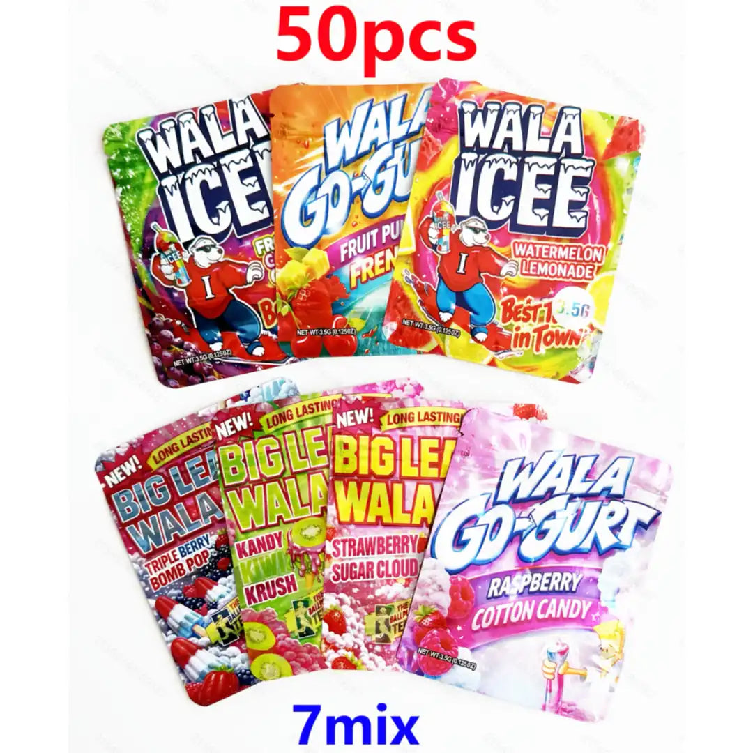 50 pack of mixed 3.5g mylar bags with 7 cartoon theme flavor variations 