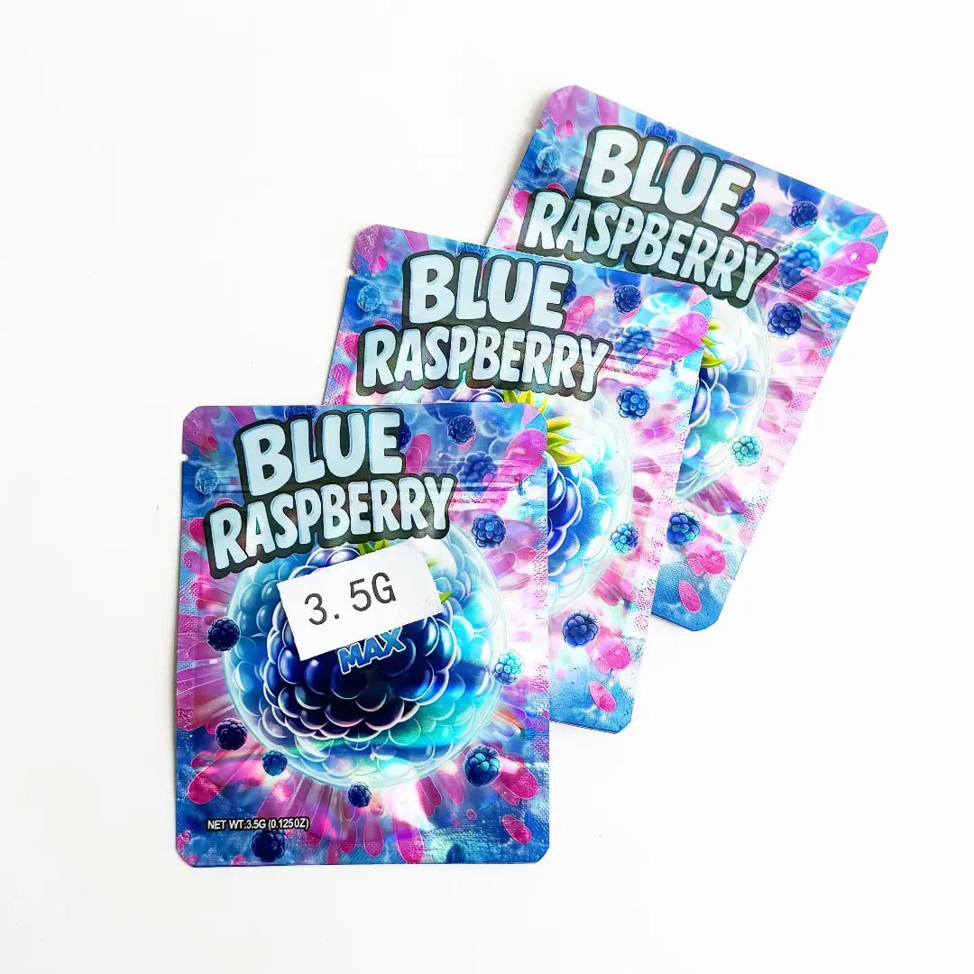 Blue Raspberry Candy Design Mylar Bags Front and Back View