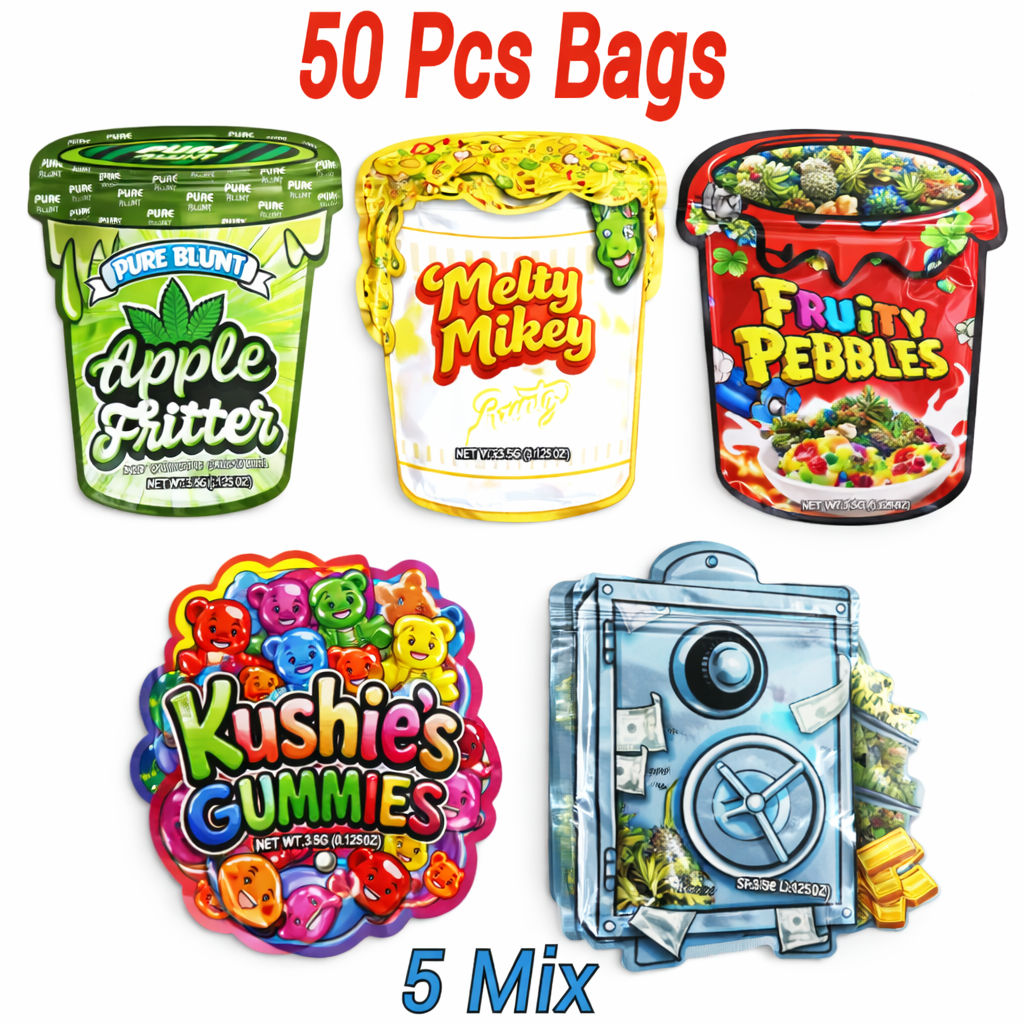 50 Pack Mylar Bags Ziplock Stand Up Pouch Aluminum Foil Smell Proof Storage Bags 5 Mix Designs