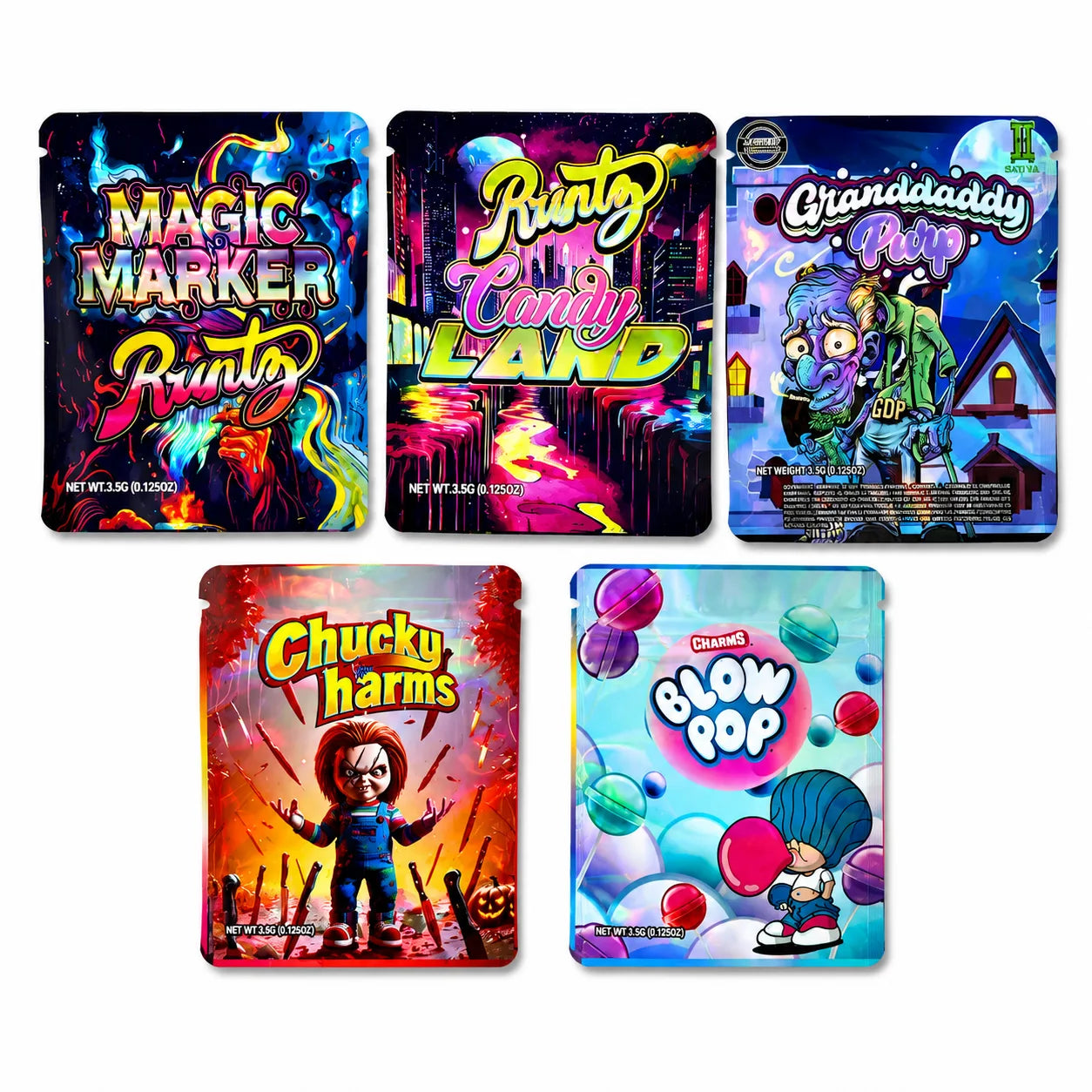 50pcs neon mylar bags assorted dark theme designs