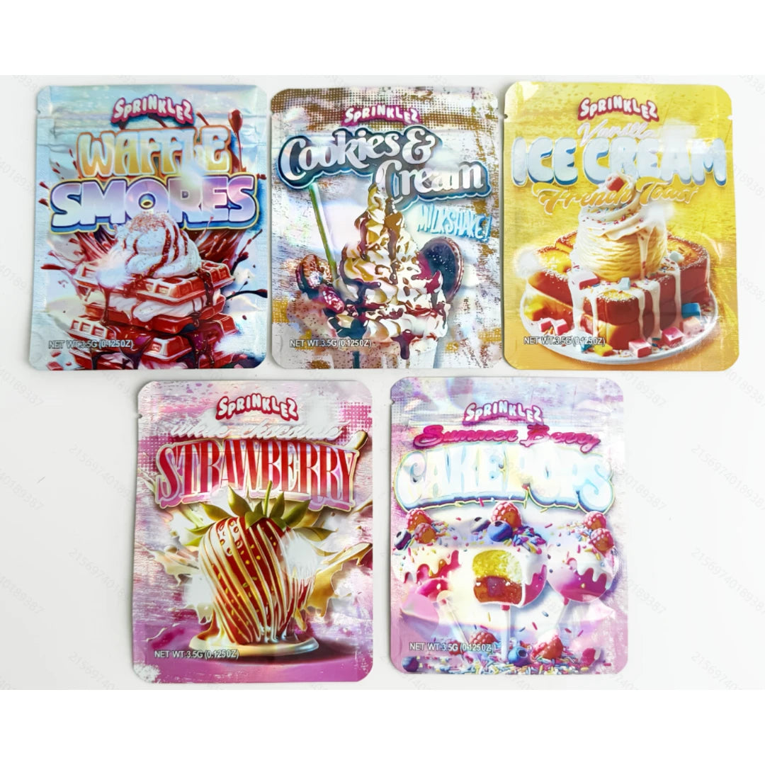 50pcs 3.5g Mylar Bags Assorted Dessert & Sweet Treat Designs Smell Proof Resealable Stand Up Ziplock Pouches for Food & Snack Packaging