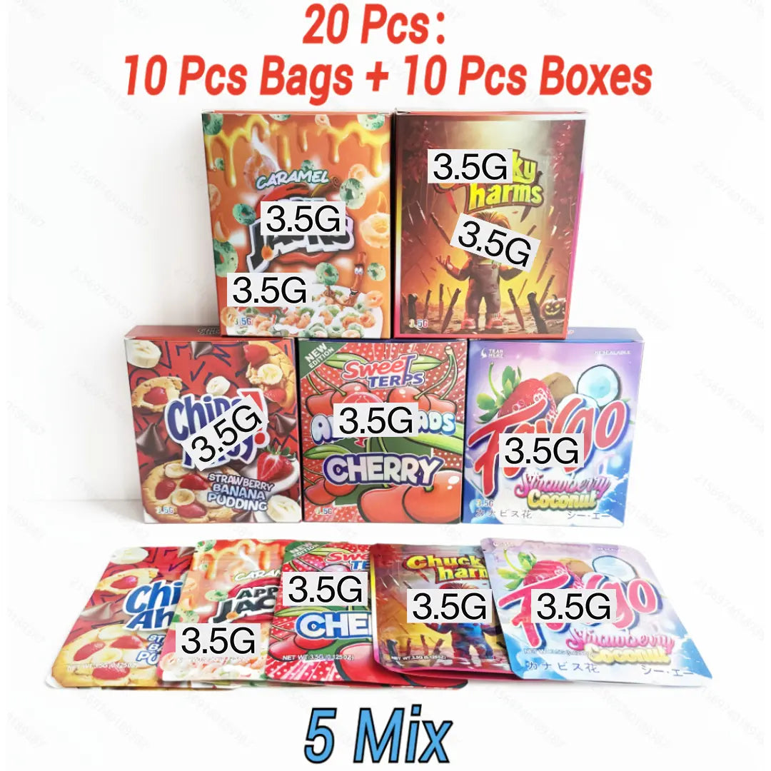 20pcs Mylar Bags with Matching Paper Boxes Set 10 Bags + 10 Boxes Smell Proof Resealable Ziplock Packaging for Candy Retail Display