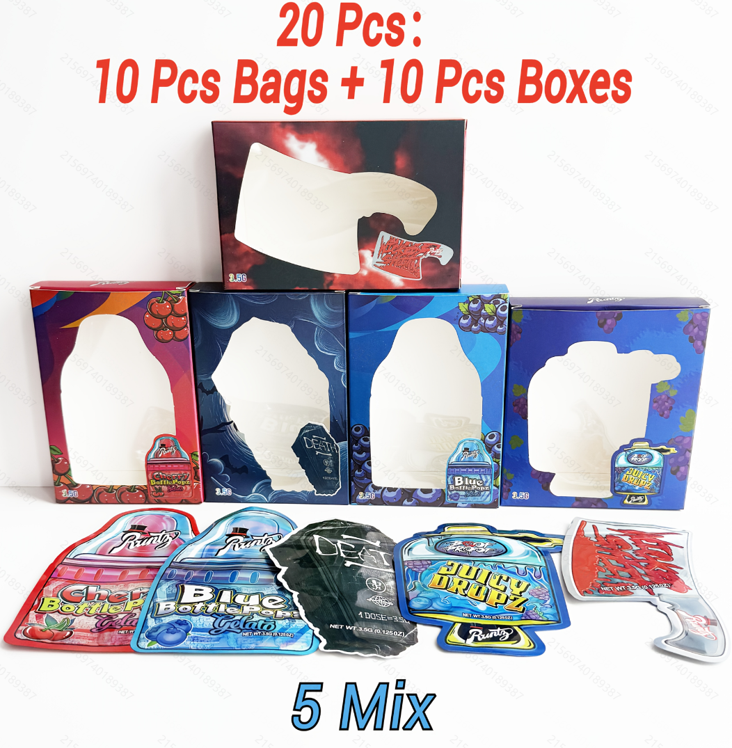 Mylar Bags & Boxes Combo 10 Sets – 3.5g Smell Proof Ziplock Pouches with Packaging Boxes, Mixed Designs Bundle