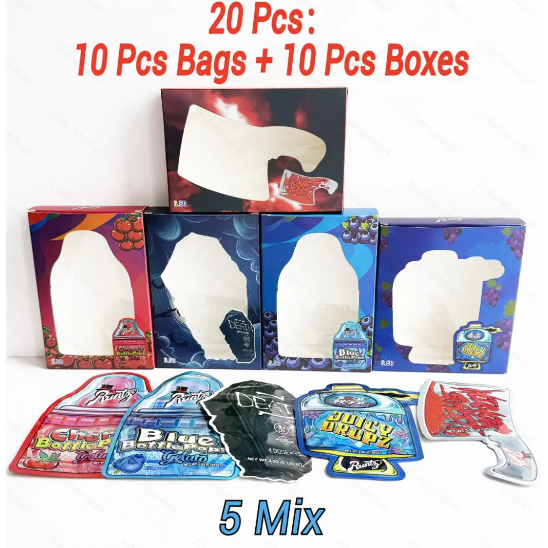 Mylar Bags & Boxes Combo 10 Sets – 3.5g Smell Proof Ziplock Pouches with Packaging Boxes, Mixed Designs Bundle