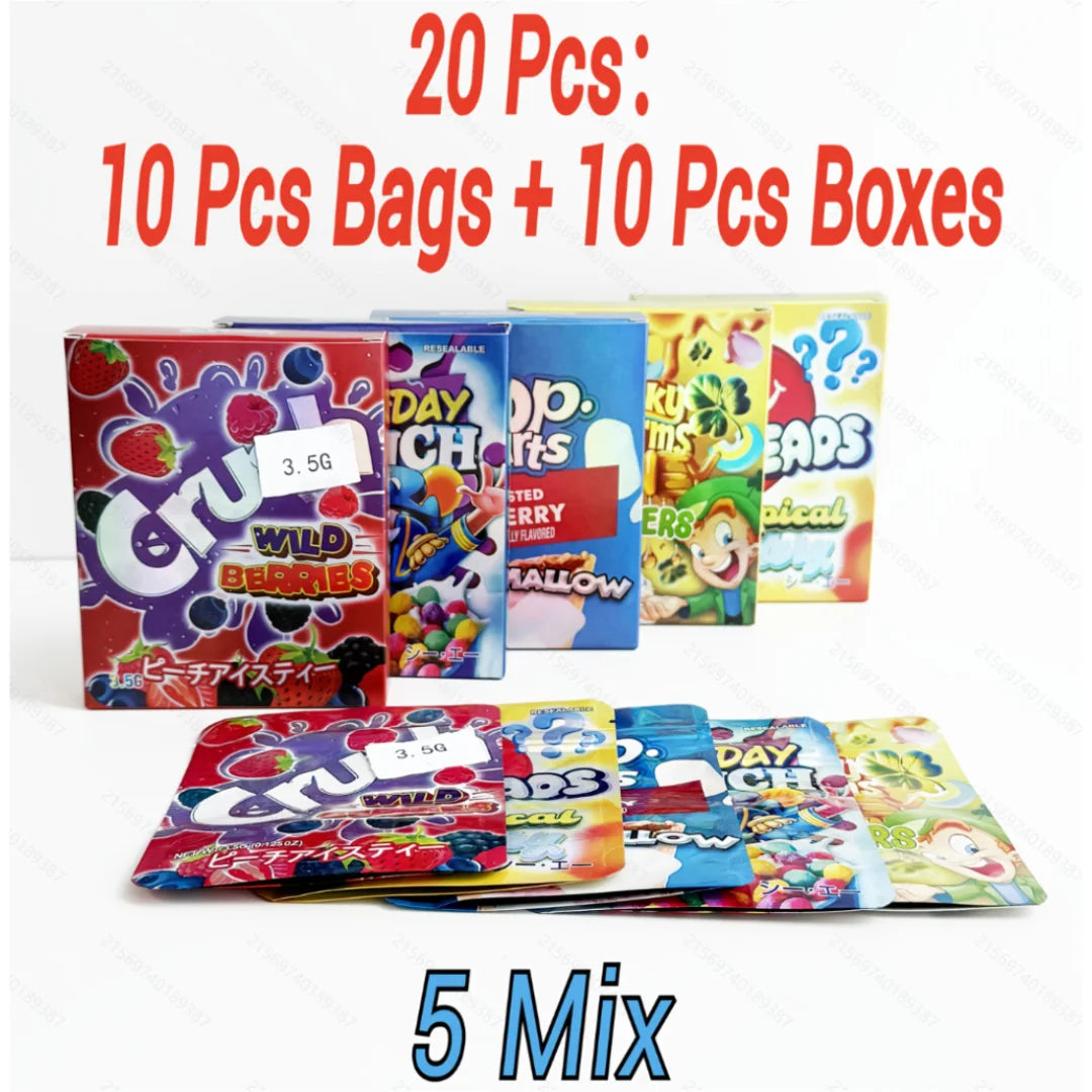 20pcs Mylar Bag & Box Set 10 Bags 10 Boxes Smell Proof Ziplock Stand Up Pouches for Candy Packaging Mixed Designs
