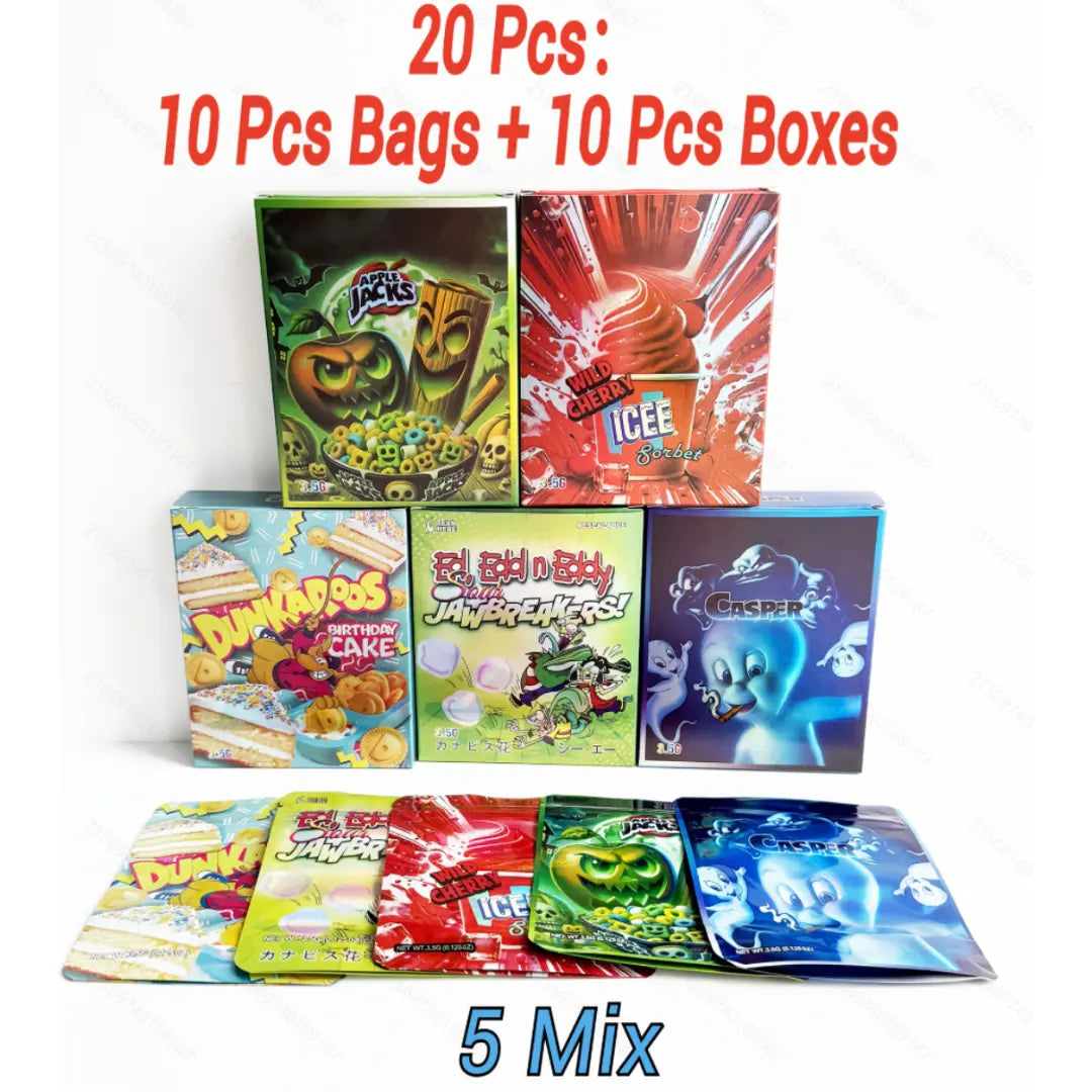 20pcs Mylar Bag & Box Set 10 Bags 10 Boxes Smell Proof Ziplock Stand Up Pouches for Candy Packaging Mixed Designs