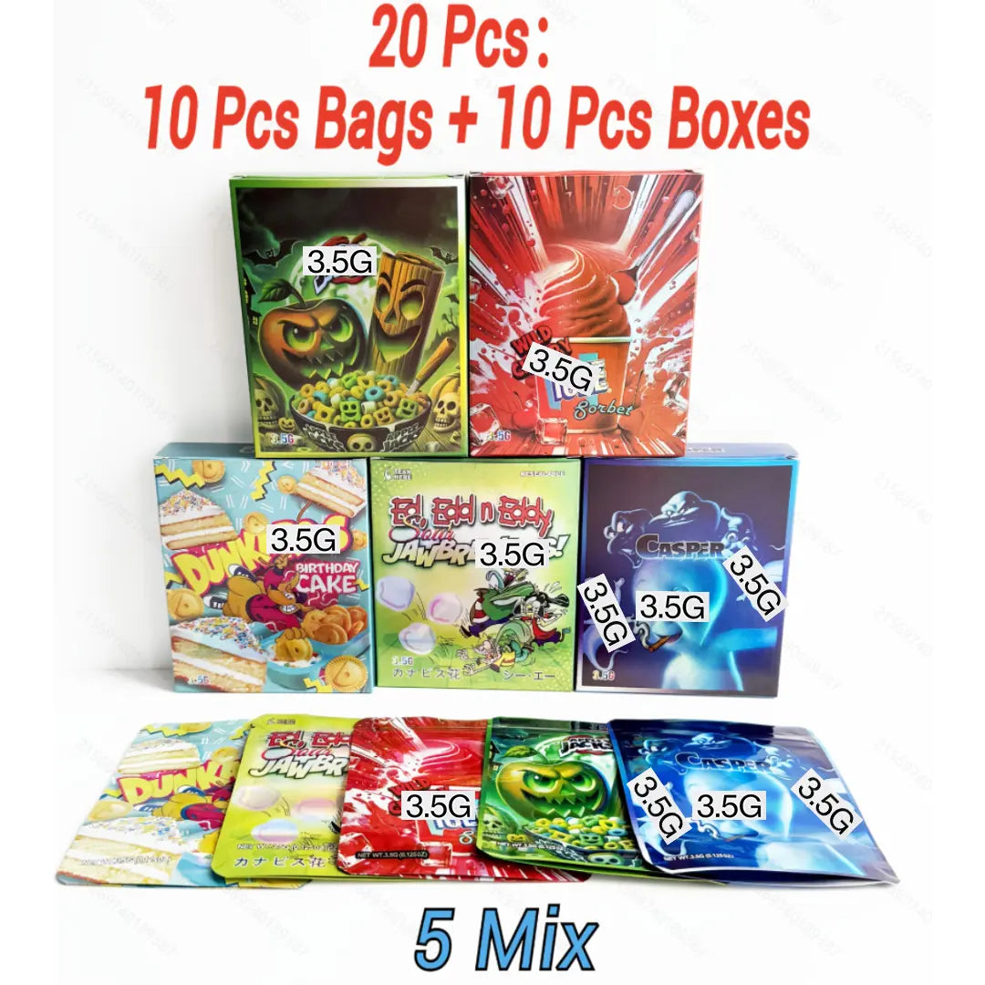 20pcs Mylar Bag & Box Set 10 Bags 10 Boxes Smell Proof Ziplock Stand Up Pouches for Candy Packaging Mixed Designs