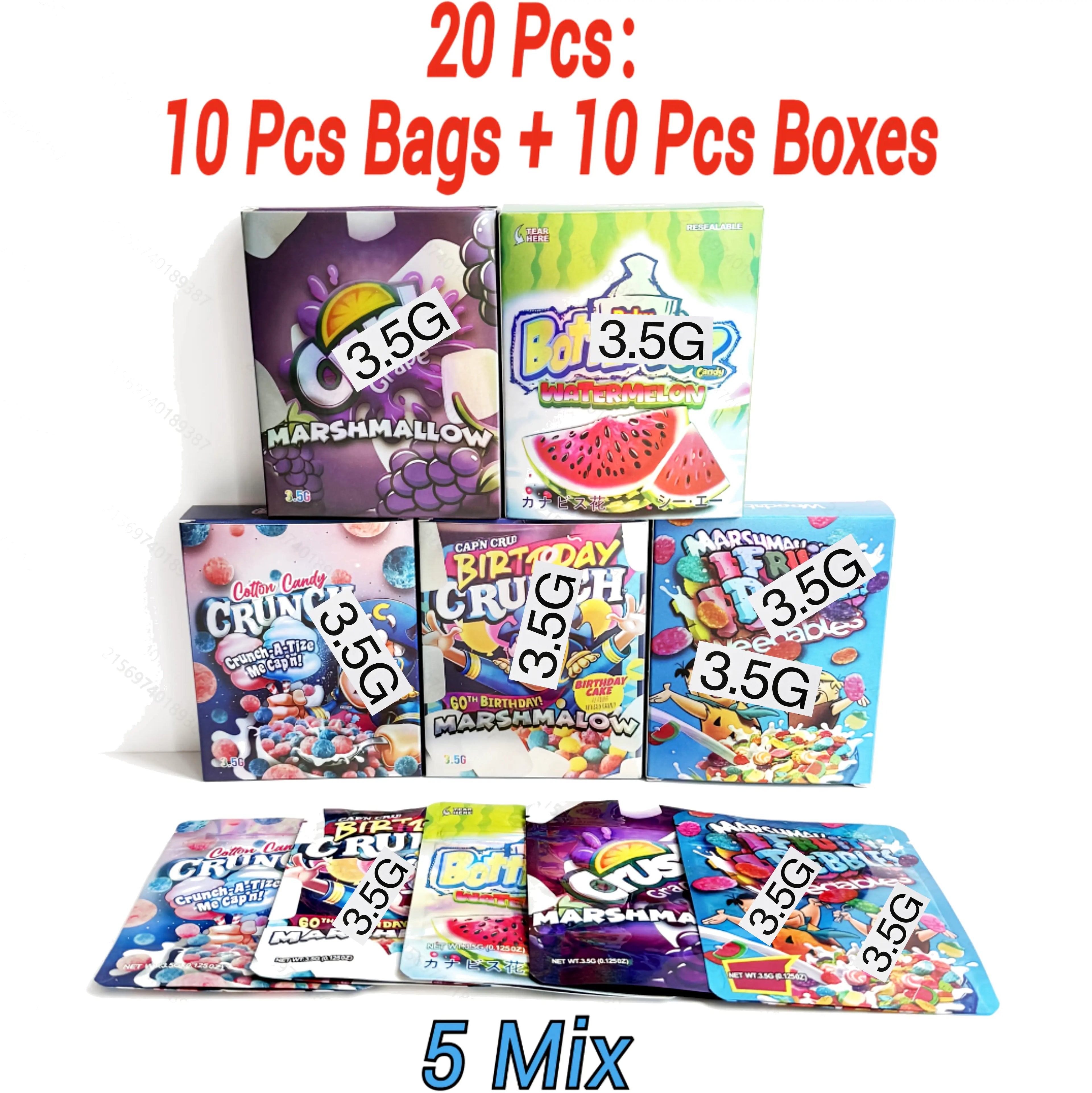 20pcs Mylar Bag & Box Combo Set 5 Mixed Designs Smell Proof Ziplock Stand Up Pouch Packaging 10 Bags 10 Boxes Assorted Candy Packaging