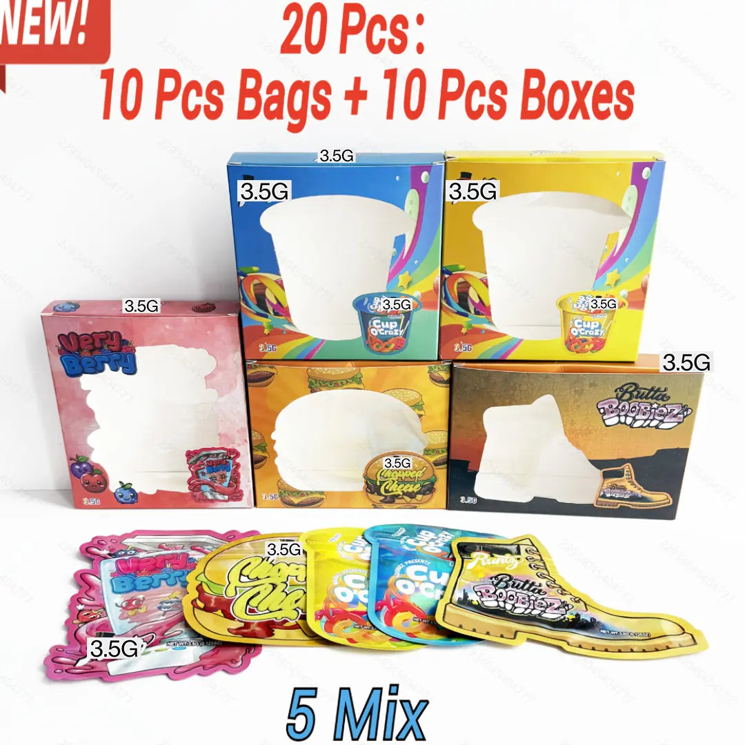 20pcs Mylar Bag & Window Box Combo Set 5 Mixed Designs Smell Proof Ziplock Stand Up Pouch Unique Shape Packaging 10 Bags 10 Boxes