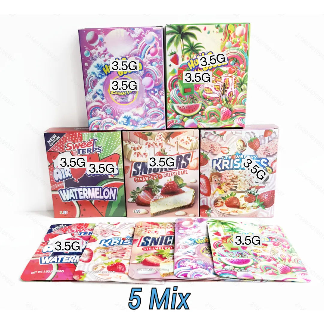 20pcs Mylar Bag & Box Combo Set Sweet Candy Designs Smell Proof Resealable Foil Pouch 5 Mix Packaging for Food Storage