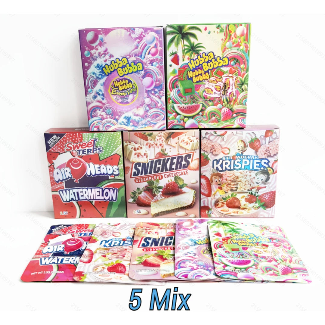 20pcs Mylar Bag & Box Combo Set Sweet Candy Designs Smell Proof Resealable Foil Pouch 5 Mix Packaging for Food Storage