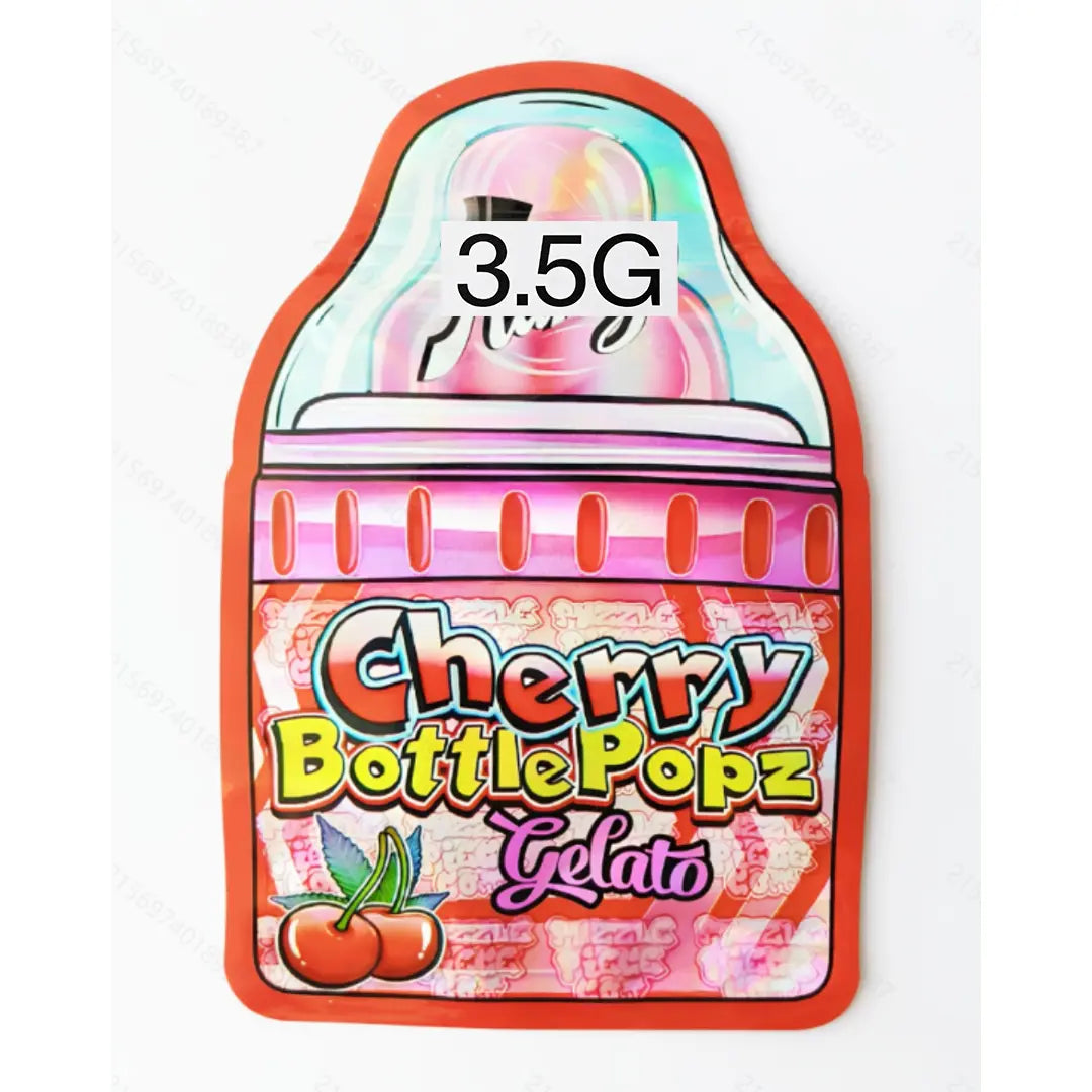 100 Pcs Cherry Bottle Popz Gelato Die Cut Mylar Bags | 3.5g Smell Proof Ziplock Pouches | Custom Candy Bottle Shape Packaging