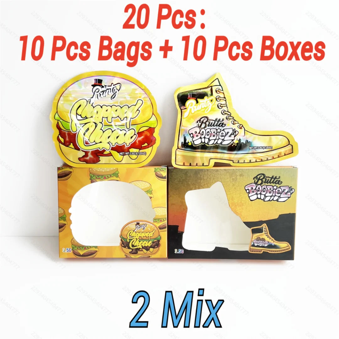 3.5g Mylar Bags & Matching Boxes Set – 10 Pack (2 Mixed Designs) Smell Proof Foil Ziplock Packaging Kit
