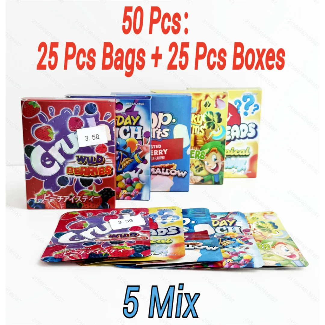 50pcs Mylar Bag & Box Set 25 Bags 25 Boxes Smell Proof Ziplock Stand Up Pouches for Candy Packaging Mixed Designs