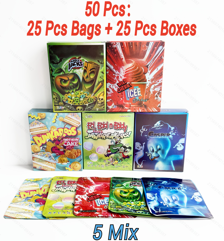 Bulk Mylar Bags & Boxes Combo 25 Sets – 3.5g Smell Proof Ziplock Pouches with Gift Boxes, Mixed Cartoon Style Packaging
