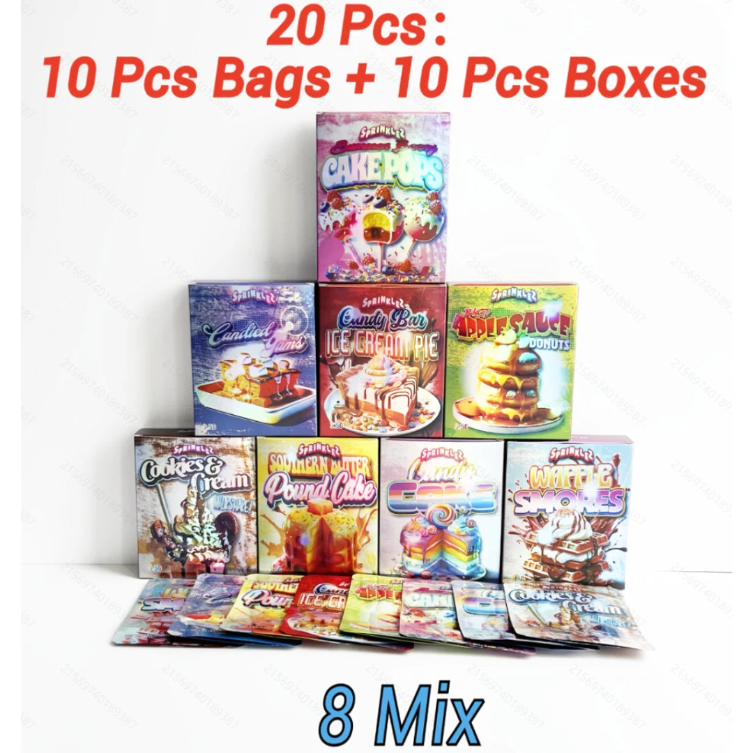 Dessert Mylar Bags 3.5g Smell Proof Foil Ziplock Pouches with Boxes 8 Mix Sweet Design Packaging Bundle