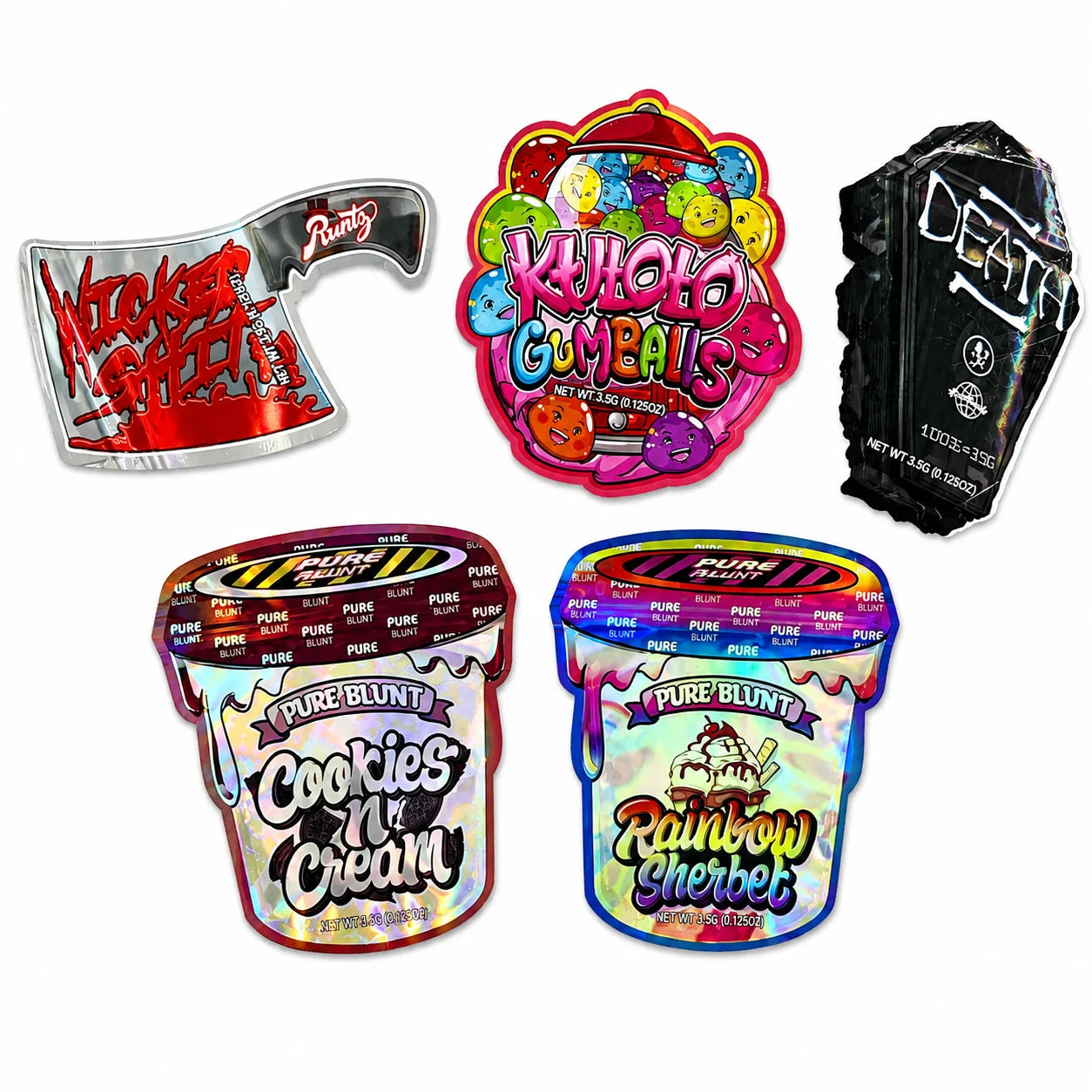3.5g holographic mylar bags assorted die cut shapes smell proof pouches