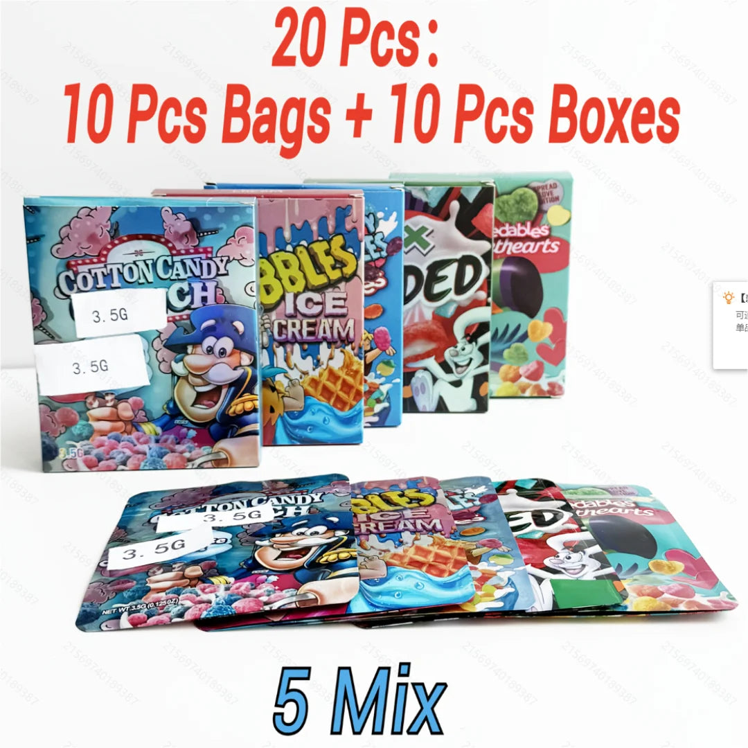 3.5g Mylar Bags 5 Mixed Designs Smell Proof Foil Ziplock Pouches with Boxes Packaging Set 10 Pack