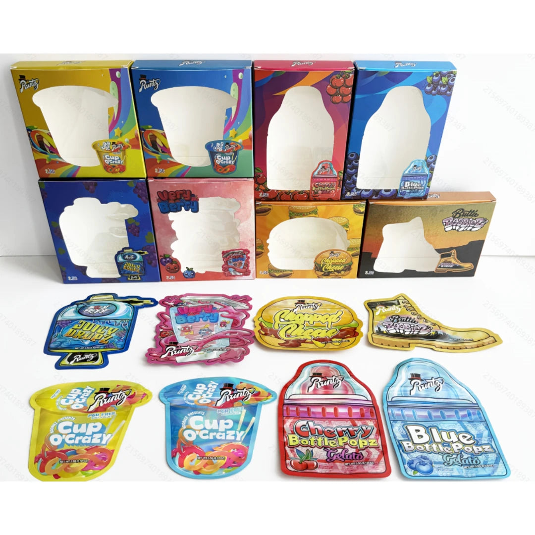 3.5g Mylar Bags & Boxes Set Smell Proof Resealable Foil Pouches 10 Pack Mixed Designs Custom Packaging