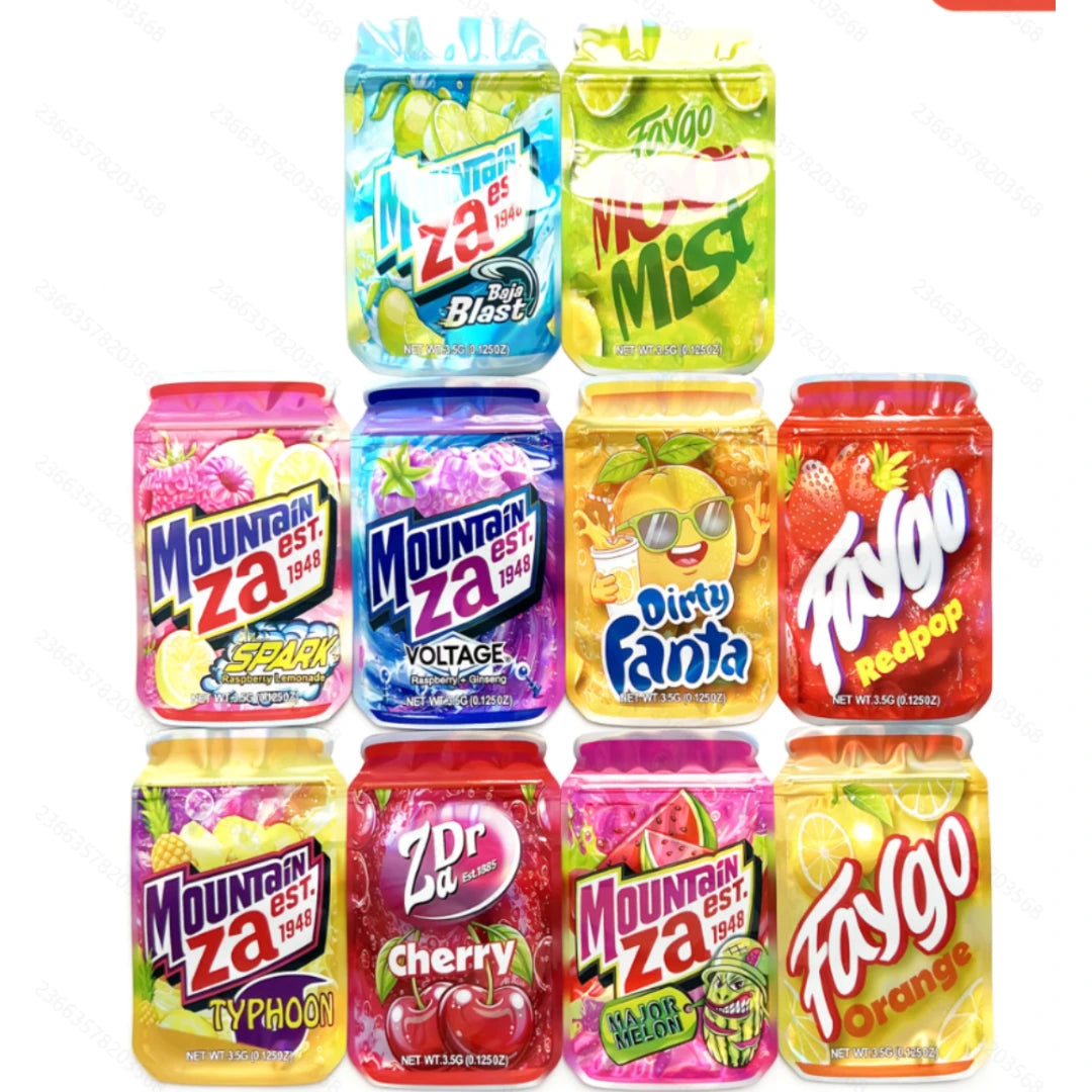 3.5g soda can mylar bags 100 pack colorful drink designs