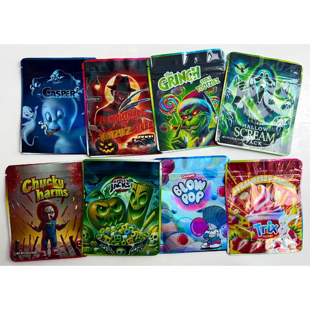 Halloween Style Mylar Bags 3.5g – 100PCS Smell Proof Ziplock Pouches 8 Mixed Designs