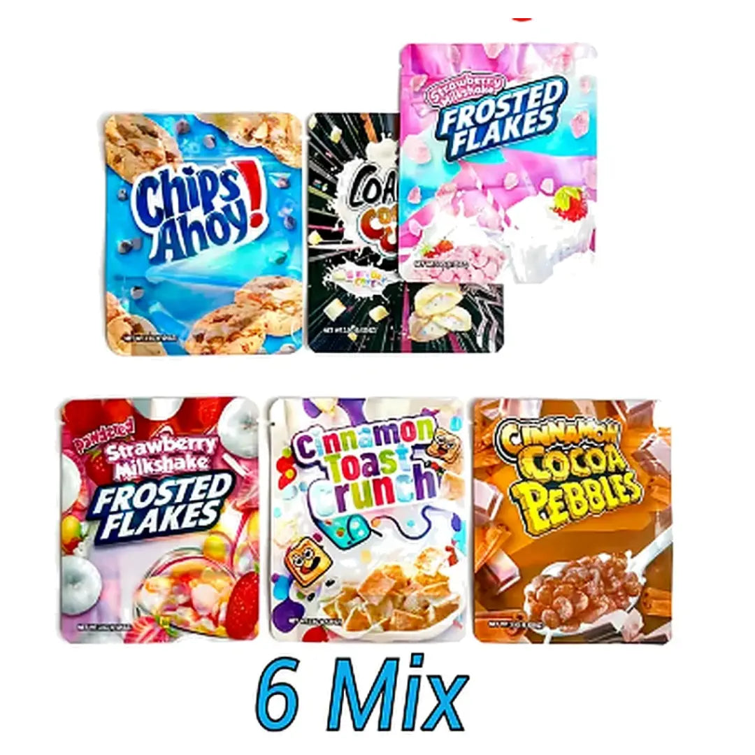 100pcs 3.5g Mylar Bags Smell Proof Resealable Pouches – 6 Mix Sweet Snack Style Bulk Packaging