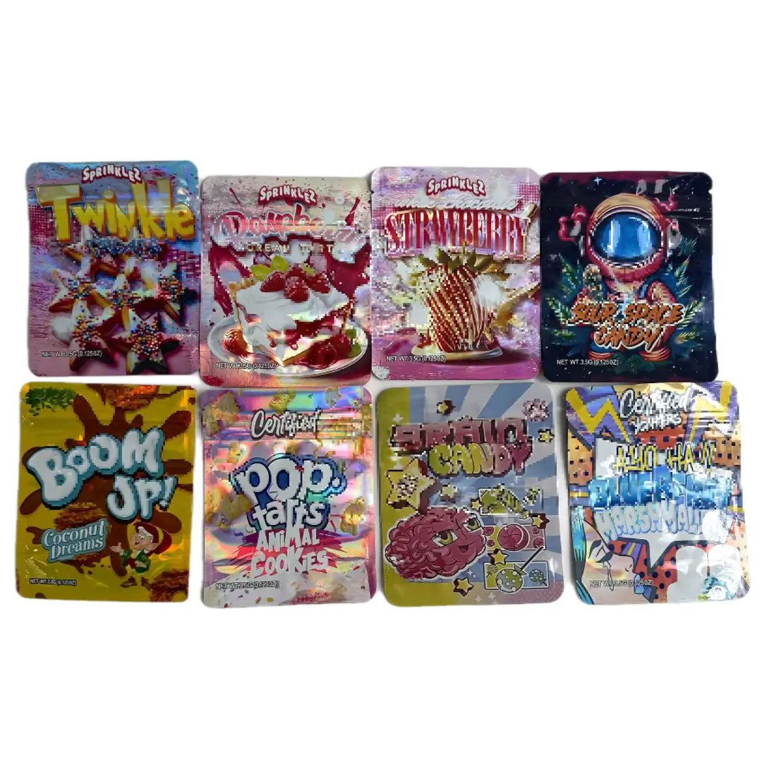 100pcs 3.5g Mylar Bags Smell Proof Resealable Pouches – 6 Mix Sweet Dessert Style Bulk Packaging