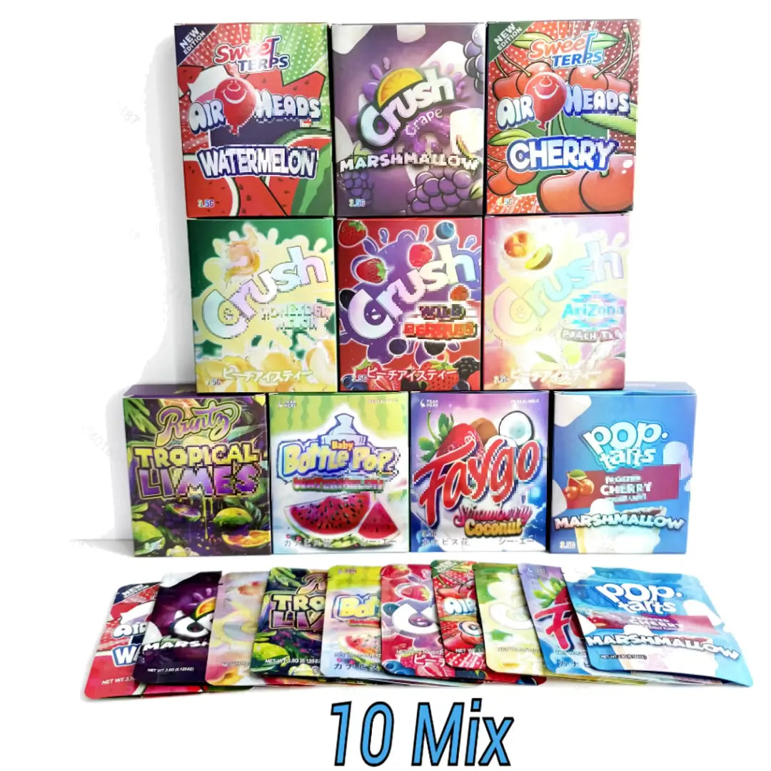 10 Pack 3.5g Mylar Bags with Boxes Smell Proof Ziplock Foil Packaging 10 Mixed Designs Variety Pack