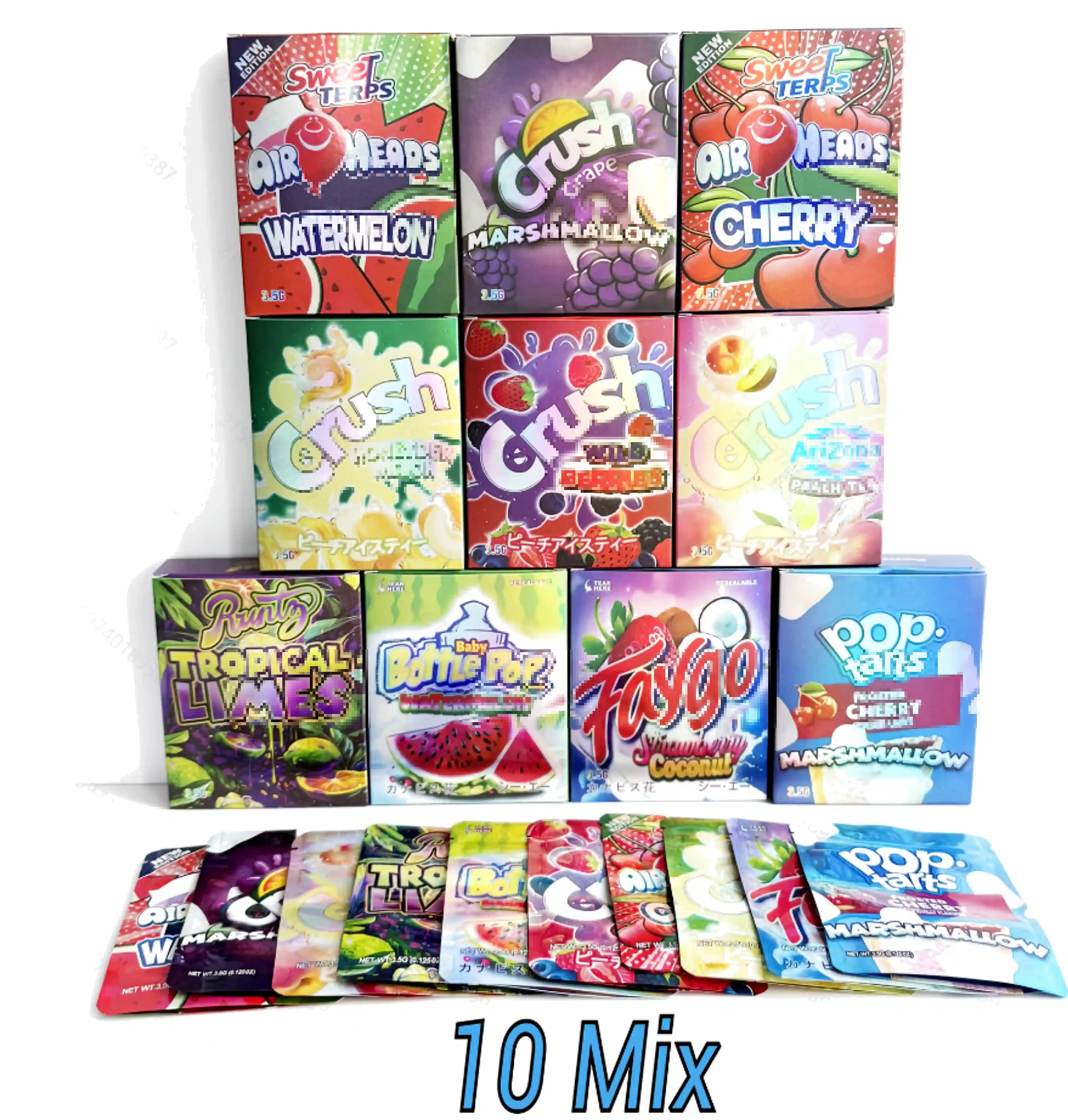 10 Pack 3.5g Mylar Bags with Boxes Smell Proof Ziplock Foil Packaging 10 Mixed Designs Variety Pack