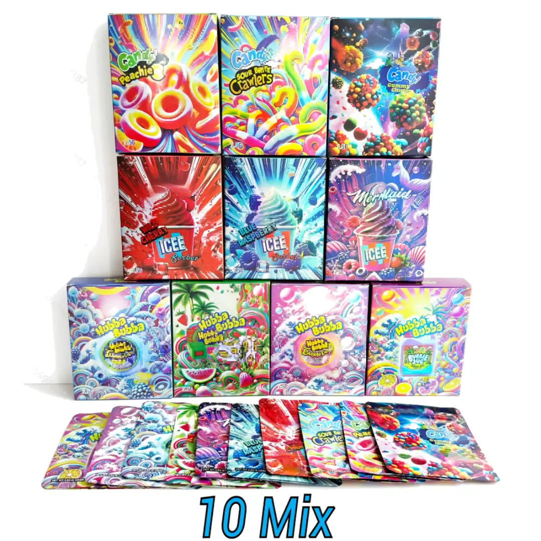 10 Pack 3.5g Mylar Bags with Boxes Smell Proof Ziplock Foil Packaging Candy & Ice Cream Mix Designs