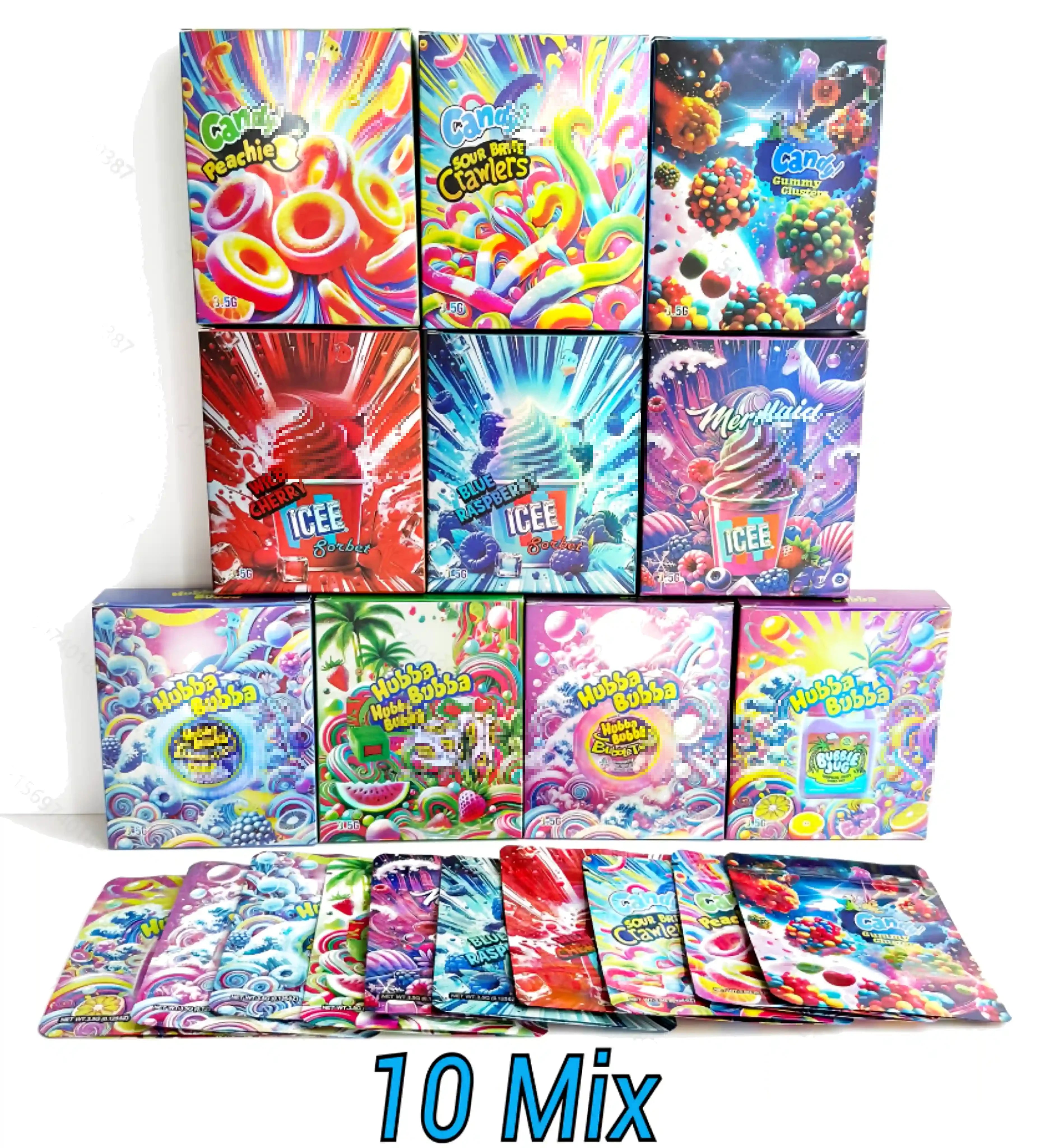 10 Pack 3.5g Mylar Bags with Boxes Smell Proof Ziplock Foil Packaging Candy & Ice Cream Mix Designs