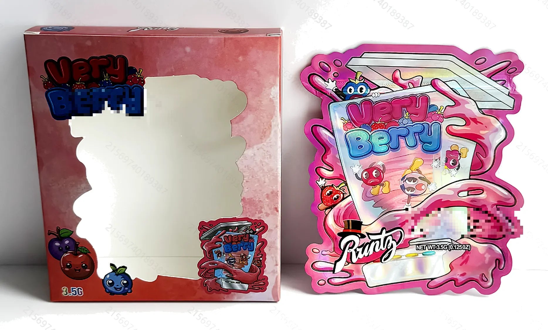 10 Pack 3.5g Mylar Bags with Matching Boxes Smell Proof Resealable Foil Packaging Cute Berry Design