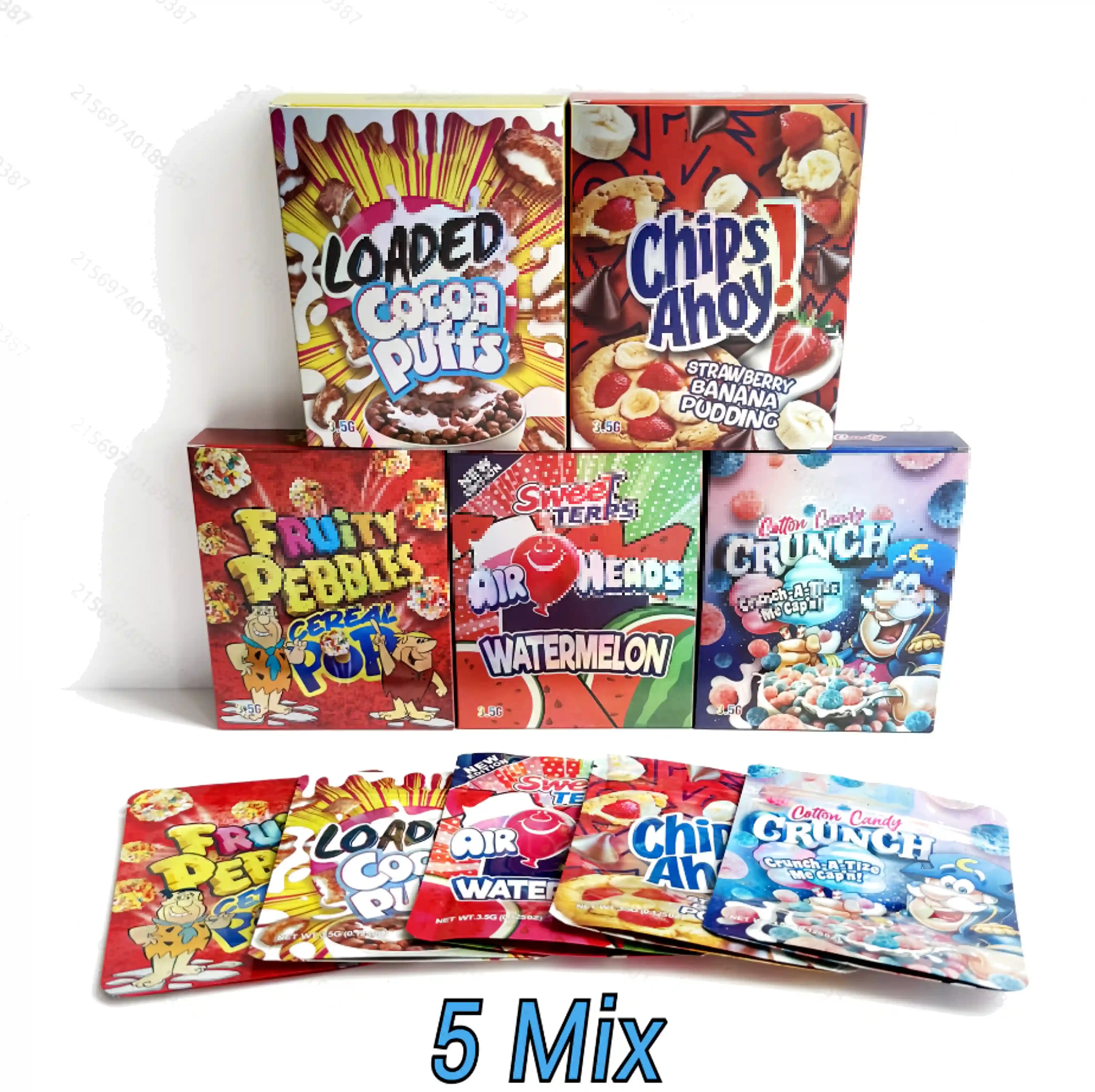 10 Pack 3.5g Mylar Bags with Matching Boxes Smell Proof Resealable Foil Packaging 5 Mixed Candy & Snack Designs