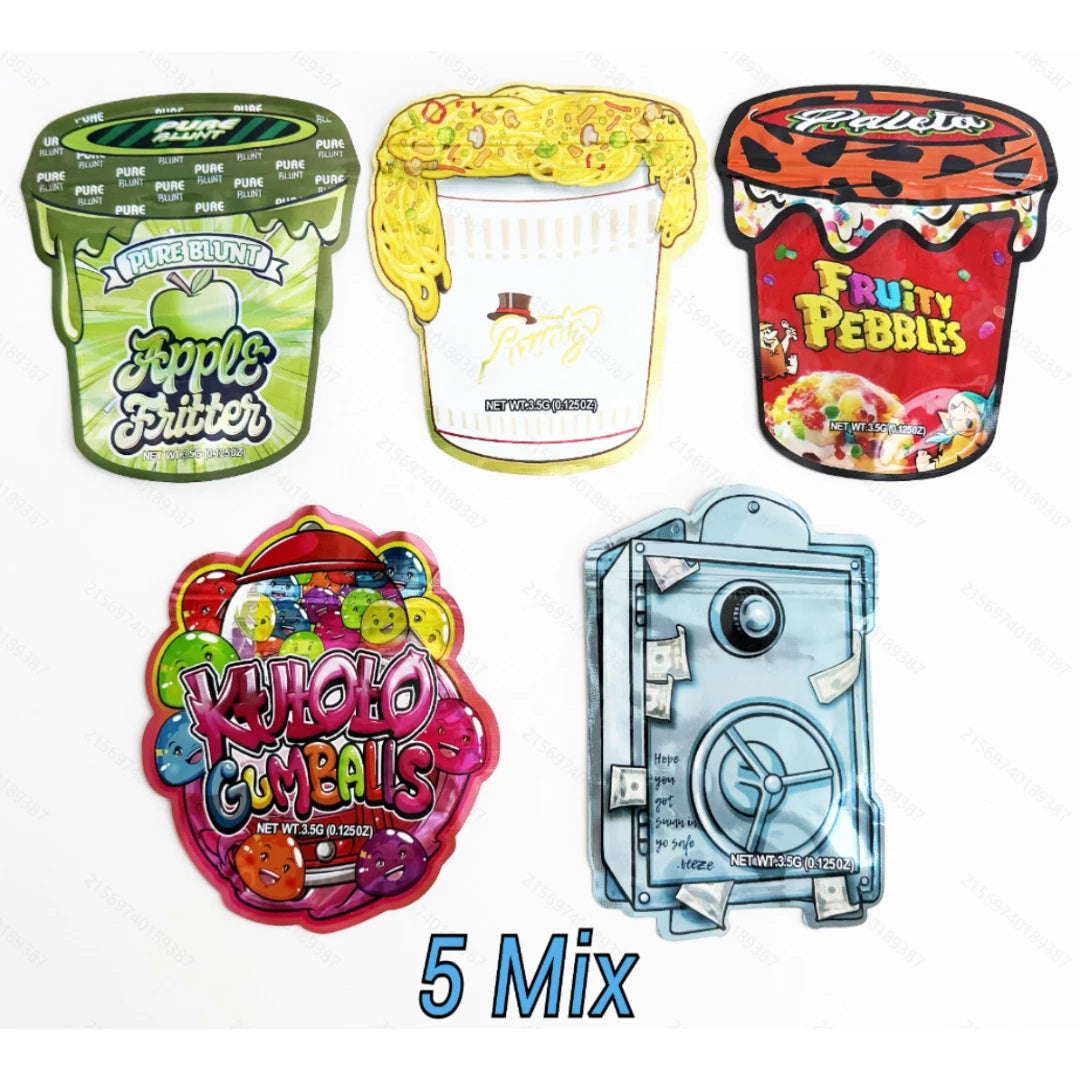 50pcs 3.5g Mylar Bags Assorted 5 Mix Shaped Designs Smell Proof Resealable Stand Up Ziplock Pouches for Food & Retail Packaging