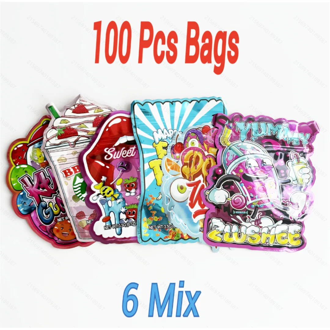 3.5g mylar bags 100 pack 6 mixed designs smell proof ziplock pouches