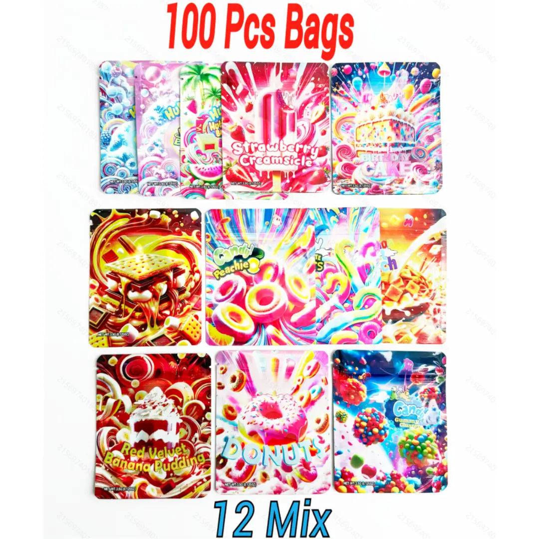 3.5g mylar bags 100 pack 12 candy and dessert designs smell proof ziplock pouches