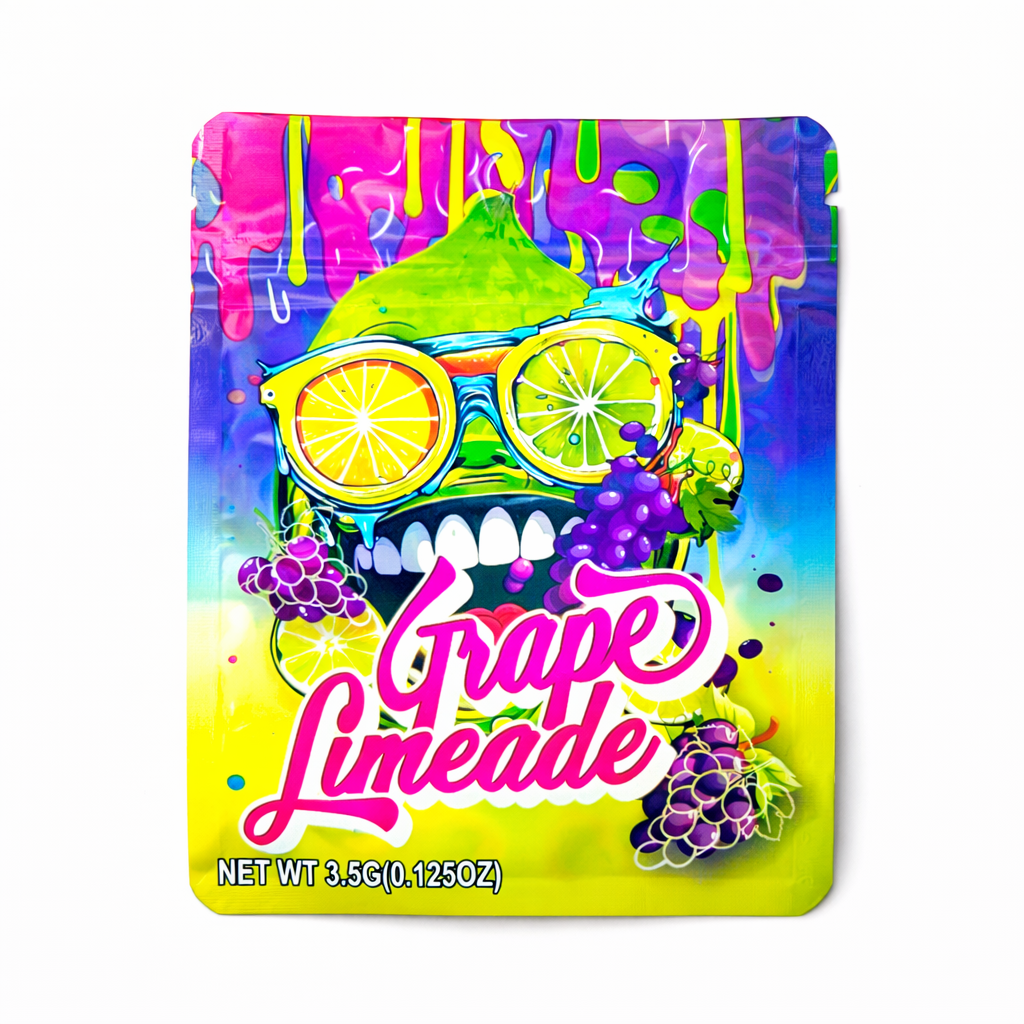 3.5g Mylar Bags Grape Lemonade Design Smell Proof Resealable Ziplock Stand Up Pouches for Candy Packaging